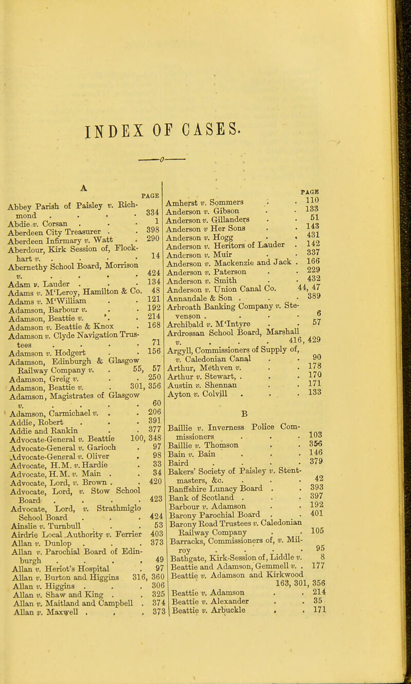 INDEX OF CASES. PAGE Abbey Parish of Paisley v. Rich mond . • • Abdie V. Corsan Aberdeen City Treasurer . Aberdeen Infirmary v. Watt Aberdour, Kirk Session of, Flock hart V. . Abemethy School Board, Morrison V. . • • Adam v. Lauder . Adams v. M'Leroy, Hamilton & Co. Adams v. M'William Adamson, Barbour v. Adamson, Beattie v. '. Adamson v. Beattie & Knox Adamson v. Clyde Navigation Trus tees Adamson v. Hodgert Adamson, Edinburgh & Glasgow Railway Company v. . 55, Adamson, Greig v. Adamson, Beattie v. . 301, 356 Adamson, Magistrates of Glasgow 334 1 398 290 14 424 134 48 121 192 214 168 71 156 57 250 60 . 206 . 391 . 377 100, 348 . 97 Amherst v. Sommers • Anderson v. Gibson Anderson v. Gillanders Anderson v Her Sons Anderson v. Hogg Anderson v. Heritors of Lauder Anderson v. Muir PJLGB 110 133 51 143 431 142 337 Anderson v. Mackenzie and Jack . 166 Anderson v. Paterson . • 229 Anderson v. Smith . • Anderson v. Union Canal Co. 44, 47 Annandale & Son . . • 389 Arbroath Banking Company v. Ste- venson . • • ■ 5 Archibald v. M'Intyre . . 57 Ardrossan School Board, Marshall V. . . . 416,429 Argyll, Commissioners of Supply of, V. Caledonian Canal . • 90 Arthur, Methven v. . • 178 Arthur v. Stewart, . . .170 Austin V. Shennan . .171 Ayton V. Colvill • • • 133 Adamson, Carmichael v. . Addie, Robert Addie and Rankin . Advocate-General v. Beattie Advocate-General v. Garioch Advocate-General t). Oliver . 98 Advocate, H.M. r.Hardie . 33 Advocate, H.M.u Main . .34 Advocate, Lord, v. Brown . . 420 Advocate, Lord, v. Stow School Board . . . .423 Advocate, Lord, v. Strathmiglo School Board . . .424 Ainslie v. Tumbull . .53 Airdrie Local Authority v. Ferrier 403 Allan V. Dunlop . . .373 Allan V. Parochial Board of Edin- burgh . . . .49 Allan V. Heriot's Hospital . 97 Allan V. Burton and Higgins 316, 360 AUan V. Higgins . . . 306 Allan V. Shaw and King . .325 Allan V. Maitland and Campbell . 374 103 356 146 379 Baillie v. Inverness Police Com- missioners . . • BaiUie v. Thomson Bain v. Bain Baird .... Bakers' Society of Paisley v. Stent- masters, &c. . . .42 Banffshire Lunacy Board . . 393 Bank of Scotland . . .397 Barbour v. Adamson . .192 Barony Parochial Board . . 401 Barony Road Trustees v. Caledonian Railway Company . . 105 Barracks, Commissioners of, v. Mil- roy . . • .95 Bathgate, Kirk-Session of, Liddle v. 8 Beattie and Adamson, Gemmell v. . 177 Beattie v. Adamson and Kirkwood 163, 301, 356 Beattie v. Adamson . . 214 Beattie v. Alexander . . 35