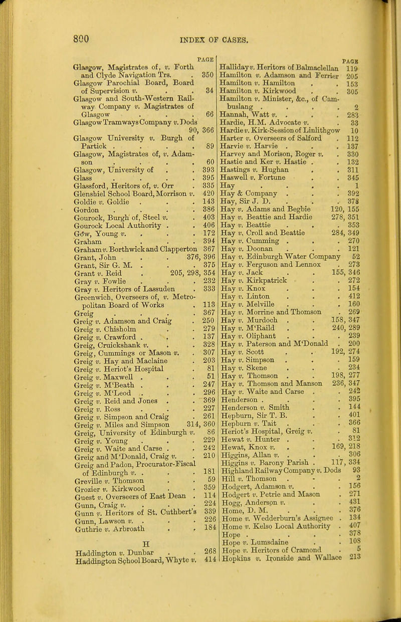 PAGE 350 34 89 60 393 395 335 420 143 386 403 406 172 394 367 Glasgow, Magistrates of, v. Forth and Clyde Navigation Trs. Glasgow Parochial Board, Board of Supervision v. Glasgow and South-Western Rail- way Company v. Magistrates of Glasgow . . .66 Glasgow Tramways Company v.Dods 90, 366 Glasgow University v. Burgh of Partick .... Glasgow, Magistrates of, v. Adam- son Glasgow, University of Glass Glassford, Heritors of, v. Orr Glenshiel School Board, Morrison v. Goldie V. Goldie Gordon .... Gourock, Burgh of, Steel v. Gourock Local Authority . GWw, Young V. . Graham .... Grahams. Borthwickand Clapperton Grant, John . . 376, 396 Grant, Sir G. M. . . . 375 Grant v. Reid . 205, 298, 354 Gray v. Fowlie . . .232 Gray v. Heritors of Lassuden . 333 Greenwich, Overseers of, v. Metro- politan Board of Works Greig Greig v. Adamson and Craig Greig v. Chishohn Greig v. Crawford . Greig, Cruickshank v. Greig, Cummings or Mason v. Greig v. Hay and Maclaine Greig v. Heriot's Hospital Greig v. Maxwell . Greig v. M'Beath . Greig v. M'Leod Greig V. Reid and Jones Greig v. Ross Greig v. Simpson and Craig Greig v. Miles and Simpson Greig, University of Edinburgh v. Greig v. Young Greig v. Waite and Carse . Greig and M'Donald, Craig v. _ . Greig and Padon, Procurator-Fiscal of Edinburgh v. . Greville v. Thomson Grozier v. Kirkwood Gueat V. Overseers of East Dean . Gunn, Craig v. . Gunn V. Heritors of St. Cuthbert s Gunn, Lawson v. . Guthrie v. Arbroath 113 367 250 279 137 328 307 203 81 51 247 296 369 227 261 314, 360 86 229 242 210 181 59 359 114 224 339 226 184 H Haddington v. Dunbar Haddington Sphool Board, Whyte v. 268 414 Hallidayi;. Heritors of Balmaclellan Hamilton v. Adamson and Ferrier Hamilton v. Hamilton Hamilton v. Kirkwood Hamilton v. Minister, &c., of Cam- buslang . Hannah, Watt v. . Hardie, H.M. Advocate v. Hardie V. Kirk-Session of Linlithgow Harter v. Overseers of Salford Harvie v. Harvie . Harvey and Morison, Roger v. Hastie and Ker v. Hastie Hastings v. Hughan HasweU v. Fortune Hay Hay & Company . Hay, Sir J. D. Hay V. Adams and Begbie Hay V. Beattie and Hardie Hay V. Beattie Hay V. CroU and Beattie Hay V. Cumming . Hay V. Doonan Hay V. Edinburgh Water Company Hay V. Ferguson and Lennox Hay V. J ack Hay V. Kirkpatrick Hay V. Knox Hay V. Linton Hay V. Melville Hay V. Morrine and Thomson Hay V. Murdoch Hay V. M'Raild Hay V. Oliphant Hay V. Paterson and M'Donald Hay V. Scott Hay V. Simpson Hay V. Skene Hay V. Thomson . Hay V. Thomson and Manson Hay V. Waite and Carse . Henderson . Henderson v. Smith Hepburn, Sir T. B. Hepburn v. Tait Heriot's Hospital, Greig v. Hewat V. Hunter . Hewat, Knox v. Higgins, Allan v. . Higgins V. Barony Parish . Highland Railway Company v. Dods HiU V. Thomson Hodgert, Adamson v. Hodgert v. Petrie and Mason Hogg, Anderson v. Home, D. M. Home V. Wedderbum's Assignee Home V. Kelso Local Authority Hope . Hope V. Lumsdaine Hope V. Heritors of Cramond Hopkins v. Ironside and Wallace PAGB 119 205 153 305 2 283 33 10 112 137 330 132 311 345 1 392 378 120, 155 278, 351 . 353 284, 349 . 270 . 121 52 273 155, 346 . 272 . 154 . 412 , 160 . 269 347 289 . ' 239 . 200 192, 274 . 159 . 234 198, 277 236, 347 242 '. 395 . 144 . 401 . 366 . 81 . 312 169, 218 . 306 117, 334 93 2 156 271 431 376 134 407 378 108 5 213 158, 240,