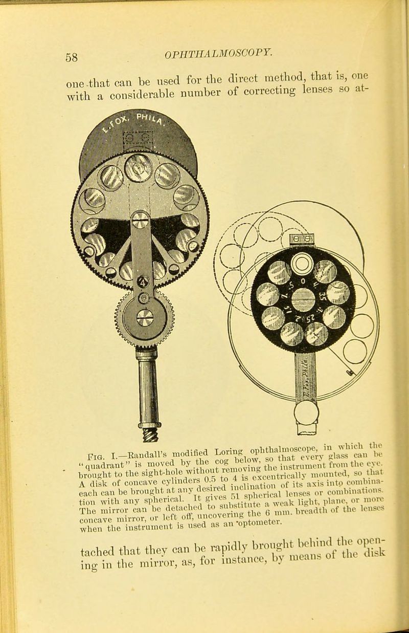 one .that can be used for the direct method that is one with a considerable number of correcting lenses so at- Fl, L-EaBdall's modified ^^^^l^tX quadrant is moved by the cog below, so ^at *very fronl the ,,vt. brought to the sight-hole w.thouti^^.^1;;;- A disk of concave cylinders 05 to 4 » excm • axjs into (,0,ninn:1- each can be brought at any desrred mc.n «t or (,onil)in;Ul„ll. tion with any spherical. It givesSL pru ^ The mirror can be detache towJ*W » mm of tbe Lena. - concave mirror, or left ott, anewenng when the instrument is used as an optometer. taohed that the, «. ^nrhf^ofW ing in the mirror, as, lot instance, u>