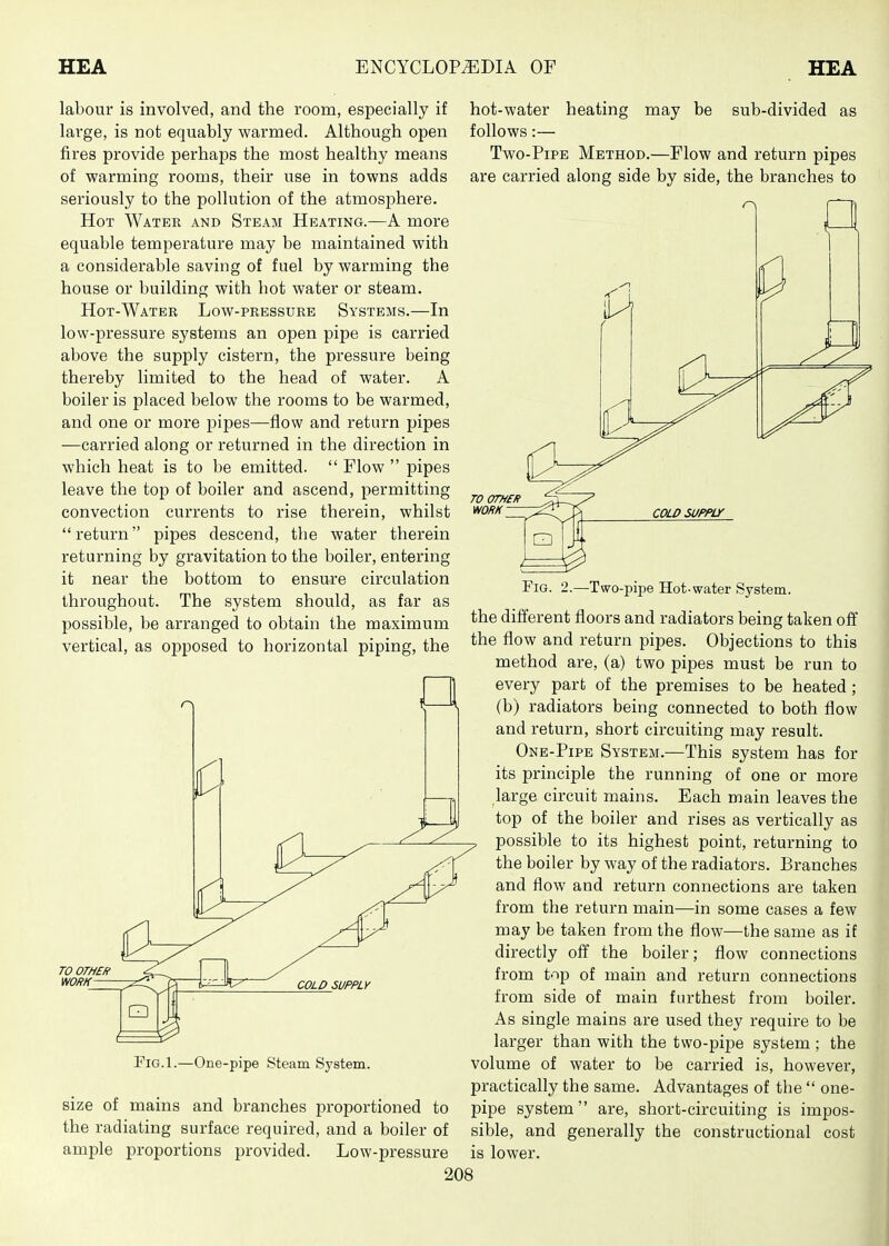 labour is involved, and the room, especially if large, is not equably warmed. Although open fires provide perhaps the most healthy means of warming rooms, their vise in towns adds seriously to the pollution of the atmosjDhere. Hot Water and Steam Heating.—A more equable temperature may be maintained with a considerable saving of fuel by warming the house or building with hot water or steam. Hot-Water Low-pressure Systems.—In low-pressure systems an open pipe is carried above the supply cistern, the pressure being thereby limited to the head of water. A boiler is placed below the rooms to be warmed, and one or more pipes—flow and return pipes —carried along or returned in the direction in which heat is to be emitted.  Flow  pipes leave the top of boiler and ascend, permitting convection currents to rise therein, whilst return pipes descend, the water therein returning by gravitation to the boiler, entering it near the bottom to ensure circulation throughout. The system should, as far as possible, be arranged to obtain the maximum vertical, as opposed to horizontal piping, the hot-water heating may be sub-divided as follows:— Two-Pipe Method.—Flow and return pipes are carried along side by side, the branches to FiG.l.—One-pipe Steam System. size of mains and branches proportioned to the radiating surface required, and a boiler of ample proportions provided. Low-pressure -Two-pipe Hot-water System. the different floors and radiators being taken off the flow and return pipes. Objections to this method are, (a) two pipes must be run to every part of the premises to be heated ; (b) radiators being connected to both flow and return, short circuiting may result. One-Pipe System.—This system has for its principle the running of one or more large circuit mains. Each main leaves the top of the boiler and rises as vertically as possible to its highest point, returning to the boiler by way of the radiators. Branches and flow and return connections are taken from the return main—in some cases a few may be taken from the flow—the same as if directly off the boiler; flow connections from top of main and return connections from side of main furthest from boiler. As single mains are used they require to be larger than with the two-pipe system; the volume of water to be carried is, however, practically the same. Advantages of the  one- pipe system are, short-circuiting is impos- sible, and generally the constructional cost is lower. 208 J