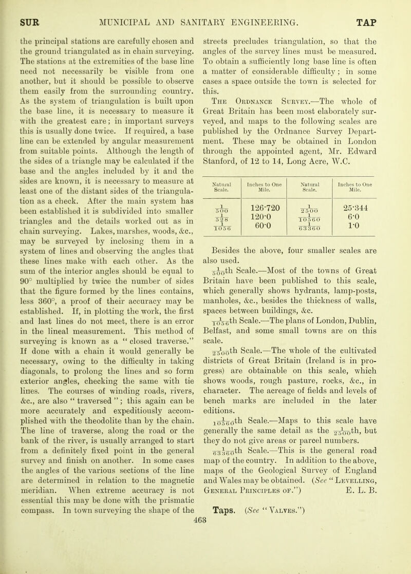 the principal stations are carefully chosen and the ground triangulated as in chain surveying. The stations at the extremities of the hase line need not necessarily be visible from one another, but it should be possible to observe them easily from the surrounding country. As the system of triangulation is built upon the base line, it is necessary to measure it with the greatest care; in important surveys this is usually done twice. If required, a base line can be extended by angular measurement from suitable points. Although the length of the sides of a triangle may be calculated if the base and the angles included by it and the sides are known, it is necessary to measure at least one of the distant sides of the triangula- tion as a check. After the main system has been established it is subdivided into smaller triangles and the details worked out as in chain surveying. Lakes, marshes, woods, &c., may be surveyed by inclosing them in a system of lines and observing the angles that these lines make with each other. As the sum of the interior angles should be equal to 90° multiplied by twice the number of sides that the figure formed by the lines contains, less 360°, a proof of their accuracy may be established. If, in plotting the work, the first and last lines do not meet, there is an error in the lineal measurement. This method of surveying is known as a  closed traverse. If done with a chain it would generally be necessary, owing to the difficulty in taking diagonals, to prolong the lines and so form exterior angles, checking the same with tie lines. The courses of winding roads, rivers, &c., are also  traversed  ; this again can be more accurately and expeditiously accom- plished with the theodolite than by the chain. The line of traverse, along the road or the bank of the river, is usually arranged to start from a definitely fixed point in the general survey and finish on another. In some cases the angles of the various sections of the line are determined in relation to the magnetic meridian. When extreme accuracy is not essential this may be done with the prismatic compass. In town surveying the shape of the streets precludes triangulation, so that the angles of the survey lines must be measured. To obtain a sufficiently long base line is often a matter of considerable difficulty ; in some cases a space outside the town is selected for this. The Ordnance Survey.—The whole of Great Britain has been most elaborately sur- veyed, and maps to the following scales are published by the Ordnance Survey Depart- ment. These may be obtained in London through the appointed agent, Mr. Edward Stanford, of 12 to 14, Long Acre, W.C. Natural Scale. Inches to One Mile. Natural Scale. Inches to One Mile. 1 500 126-720 1 2500 25-344 _1_ 528 120-0 1 10560 6-0 1 1056 60-0 1 63360 1-0 Besides the above, four smaller scales are also used. gjoth Scale.—Most of the towns of Great Britain have been published to this scale, which generally shows hydrants, lamp-posts, manholes, &c., besides the thickness of walls, spaces between buildings, &c. Yo^gth Scale.—The plans of London, Dublin, Belfast, and some small towns are on this scale. ^g^joth Scale.—The whole of the cultivated districts of Great Britain (Ireland is in pro- gress) are obtainable on this scale, which shows woods, rough pasture, rocks, &c., in character. The acreage of fields and levels of bench marks are included in the later editions. 10^60^^ Scale.—Maps to this scale have generally the same detail as the ^rsoZ)^^' but they do not give areas or parcel numbers. g-j^eoth Scale.—This is the general road map of the country. In addition to the above, maps of the Geological Survey of England and Wales may be obtained. (See  Levelling, General Principles of.) E. L. B. Taps. (,See  Valves.)