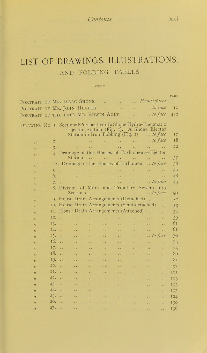 LIST OF DRAWINGS, ILLUSTRATIONS, AND FOLDING TABLES Portrait of Mr. Isaac Shone Portrait of Mr. John Hughes Portrait of the late Mr. Edwin Ault Frontispiece .. to face .. to face Drawing No. i. SectionaVPerspectiveofaShoneHydro-Pneumatic Ejector Station (Fig. i). A Shone Ejector Station in Iron Tubbing (Fig. 2) .. to face ..to face » )) J) )) 2. 4. Drainage of the Houses of Parliament—Ejector Station 4A. Drainage of the Houses of Parliament .. to face 5 6 7. .. .. .. .. .. .. ..toface 8. Division of Main and Tributary Sewers into Sections .. .. .. .. .. to face 9. House Drain Arrangements (Detached) .. 10. House Drain Arrangements (Semi-detached) 11. House Drain Arrangements (Attached) .. 12. 13- 14. 15. .. .. .. .. .. .. ..toface 16. 17- 18. 19. 20. 21. 22. 23- 24. 25. 26. 27. 10 422 17 18 38 40 48 49 50 53 54 59 61 61 70 73 75 80 81 97 lOI 103 103 107 124 130 136