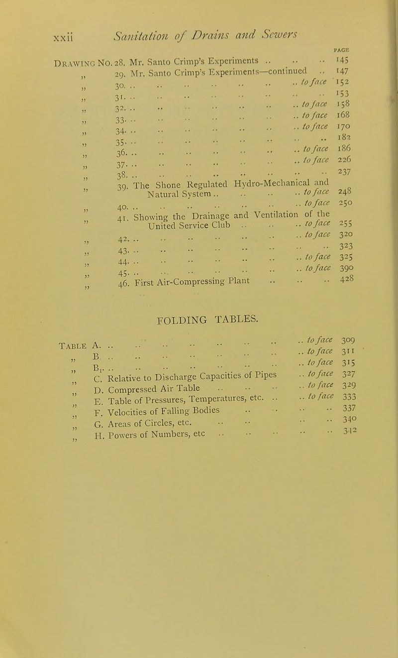 PACE Drawing No. 28. Mr. Santo Crimp's Experiments i45 ^9 Mr. Santo Crimp's Experiments—continued .. I47 ^' >53 ..to face 158 ..to face 168 to f^ce 170 j4' •• ■• •• I. 3- 33- 182 _ to face 186  i' to face 226 38 ^37 30 The Shone Regulated Hydro-Mechanical and  Natural System to face 24b 40 to face 250 AI Showing the Drainage and Ventilation of the United Service Club roface 255 to face 320 43 44 46. First Air-Compressing Plant 428 • •323 .. to face 325 .. to face 390 FOLDING TABLES. Table 5) A B Bi ■• •• . ■■ C. Relative to Discharge Capacities of Pipes D. Compressed Air Table E. Table of Pressures, Temperatures, etc. .. F. Velocities of Falling Bodies G. Areas of Circles, etc. PI. Powers of Numbers, etc . to face . to face . to face . to face . to face . to face 309 311 31S 327 329 o 1 337 340 312