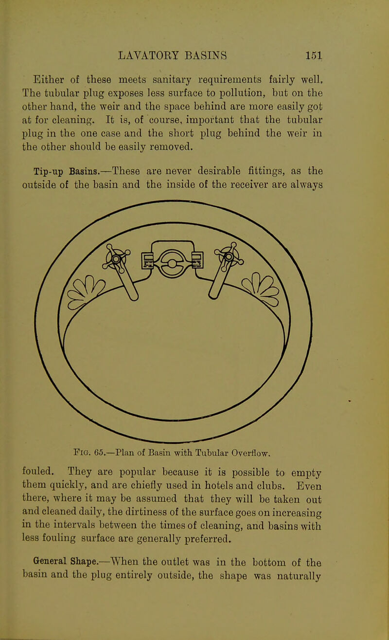 Either of these meets sanitary requirements fairly well. The tubular plug exposes less surface to pollution, but on the other hand, the weir and the space behind are more easily got at for cleaning. It is, of course, important that the tubular plug in the one case and the short plug behind the weir in the other should be easily removed. Tip-up Basins.—These are never desirable fittings, as the outside of the basin and the inside of the receiver are always Pig. 65.—Plan of Basin with Tubular Overflow. fouled. They are popular because it is possible to empty them quickly, and are chiefly used in hotels and clubs. Even there, where it may be assumed that they will be taken out and cleaned daily, the dirtiness of the surface goes on increasing in the intervals between the times of cleaning, and basins with less fouHng surface are generally preferred. General Shape.—When the outlet was in the bottom of the basin and the plug entirely outside, the shape was naturally