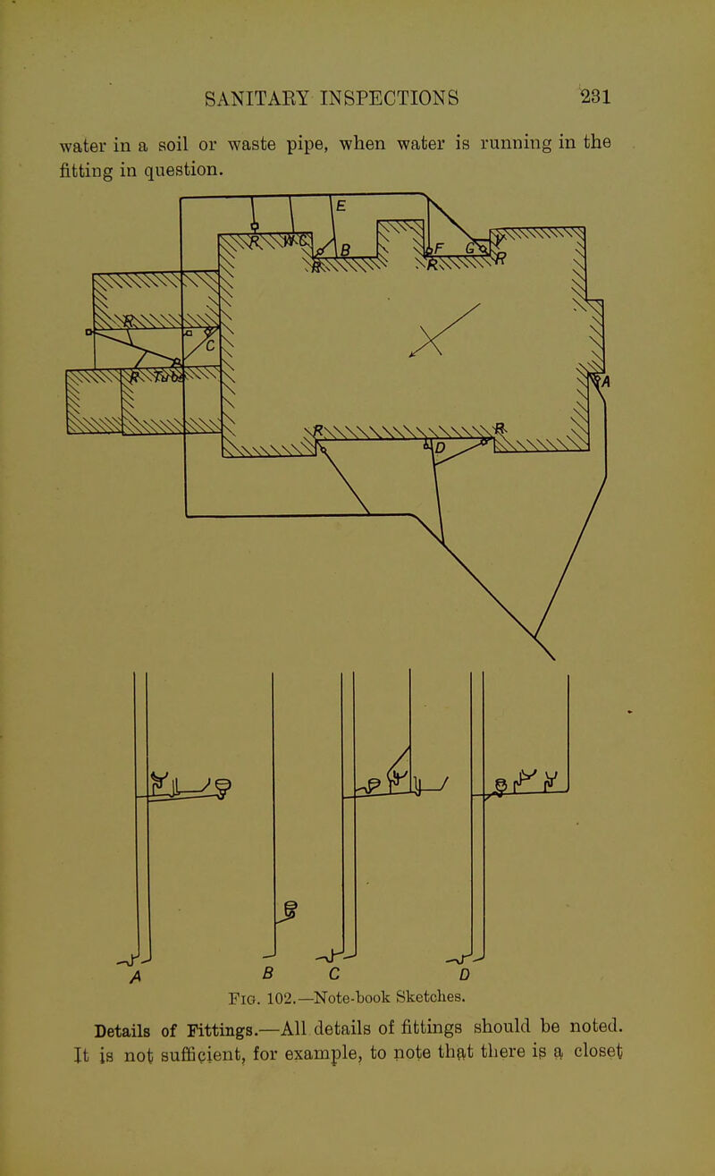 water in a soil or waste pipe, when water is running in the fitting in question. I 1 A A B C D Fig. 102.—Note-book Sketches. Details of Fittings.—All details of fittings should be noted. It is not sufficient, for example, to note thftt there ip a closet