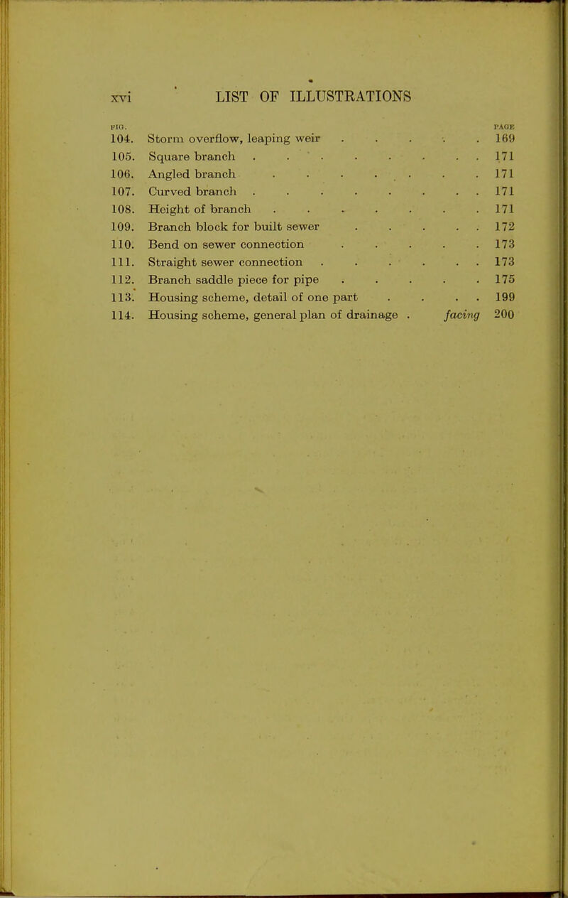 « LIST OF ILLUSTRATIONS FIO. 104. Storm overflow, leaping weir PACE . 169 105. Square branch . . ' ■ . . 171 106. Angled branch . . . . . . 171 107. Curved brancli ..... . . 171 108. Height of branch ..... . 171 109. Branch block for built sewer . . 172 110. Bend on sewer connection . 173 111. Straight sewer connection . . 173 112. Branch saddle piece for pipe . 175 113* Housing scheme, detail of one part . . 199 114. Housing scheme, general plan of drainage . facijig 200