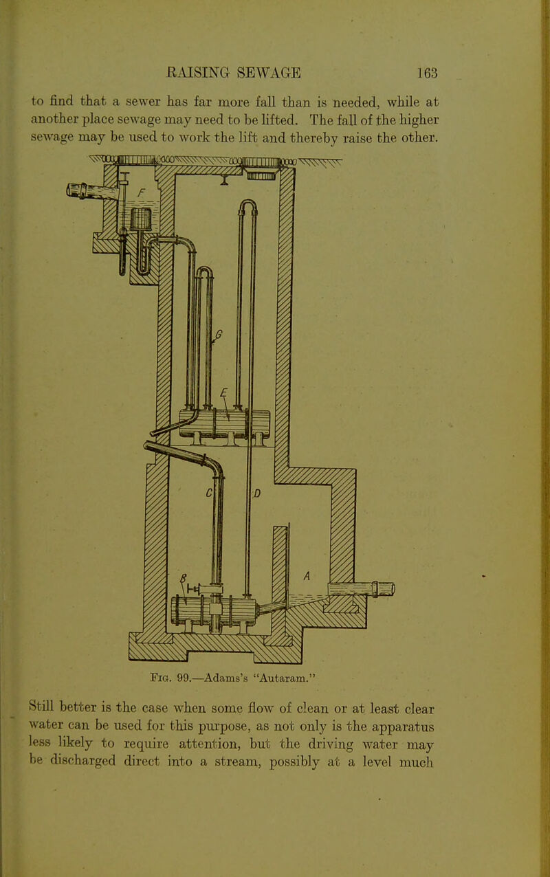 to find that a sewer has far more fall than is needed, while at another place sewage may need to be lifted. The fall of the higher sewage may be used to work the lift and thereby raise the other. Fig. 99.—Adams's Autaram. Still better is the case when some flow of clean or at least clear water can be used for this purpose, as not only is the apparatus less likely to require attention, but the driving water may be discharged direct into a stream, possibly at a level much