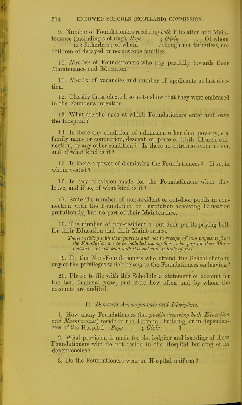 9. Number of Foundationers receiving both Education and Main- tenance (including clothing), Boys ; Girls . Of whom are fatherless ; of whom , though not fatherless, are children of decayed or necessitous families. 10. Number of Foundationers who pay partially towards their Maintenance and Education. 11. Number of vacancies and number of applicants at last elec- tion. 12. Classify those elected, so as to show that they were embraced in the Founder's intention. 13. What are the ages at which Foundationers enter and leave the Hospital ? 14. Is there any condition of admission other than poverty, e.g. family name or connection, descent or place of birth, Church con- nection, or any other condition ? Is there an entrance examination, and of what kind is it ? 15. Is there a power of dismissing the Foundationers ? If so, in whom vested ? 16. Is any provision made for the Foundationers when they leave, and if so, of what kind is it ? 17. State the number of non-resident or out-door pupils in con- nection with the Foundation or Institution receiving Education gratuitously, but no part of their Maintenance. 18. The number of non-resident or out-door pupils paying both for their Education and their Maintenance. Those residing ivitli their parents and not in receipt of any payments from the Foundation are to be included among those who pay for their Main- tenance. Please send with this Schedule a table of fees. 19. Do the Non-Foundationers who attend the School share in any of the privileges which belong to the Foundationers on leaving ? 20. Please to file with this Schedule a statement of account for the last financial year; and state how often and by whom the accounts are audited. II. Domestic Arrangements and Discipline. 1. How many Foundationers (i.e. pupils receiving both Education and Maintenance) reside in the Hospital building, or in dependen- cies of the Hospital—Boys ; Girls ? 2. What provision is made for the lodging and boarding of those Foundationers who do not reside in the Hospital building or its dependencies ? 3. Do the Foundationers wear an Hospital uniform ?