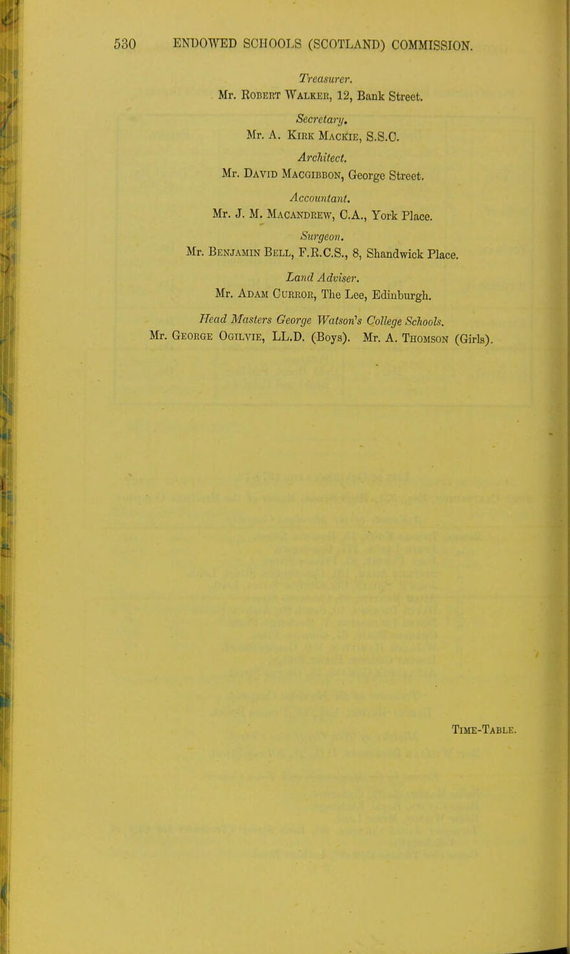 Treasurer. Mr. Robert Walker, 12, Bank Street. Secretary. Mr. A. Kirk Mackie, S.S.C. Architect, Mr. David Macgibbon, George Street. Accountant. Mr. J. M. Macandrew, C.A., York Place. Surgeon. Mr. Benjamin Bell, F.R.C.S., 8, Shandwick Place. Land Adviser. Mr. Adam Curror, The Lee, Edinburgh. Head Masters George Watson's College Schools. Mr. George Ogilvie, LL.D. (Boys). Mr. A. Thomson (Girls). Time-Table.