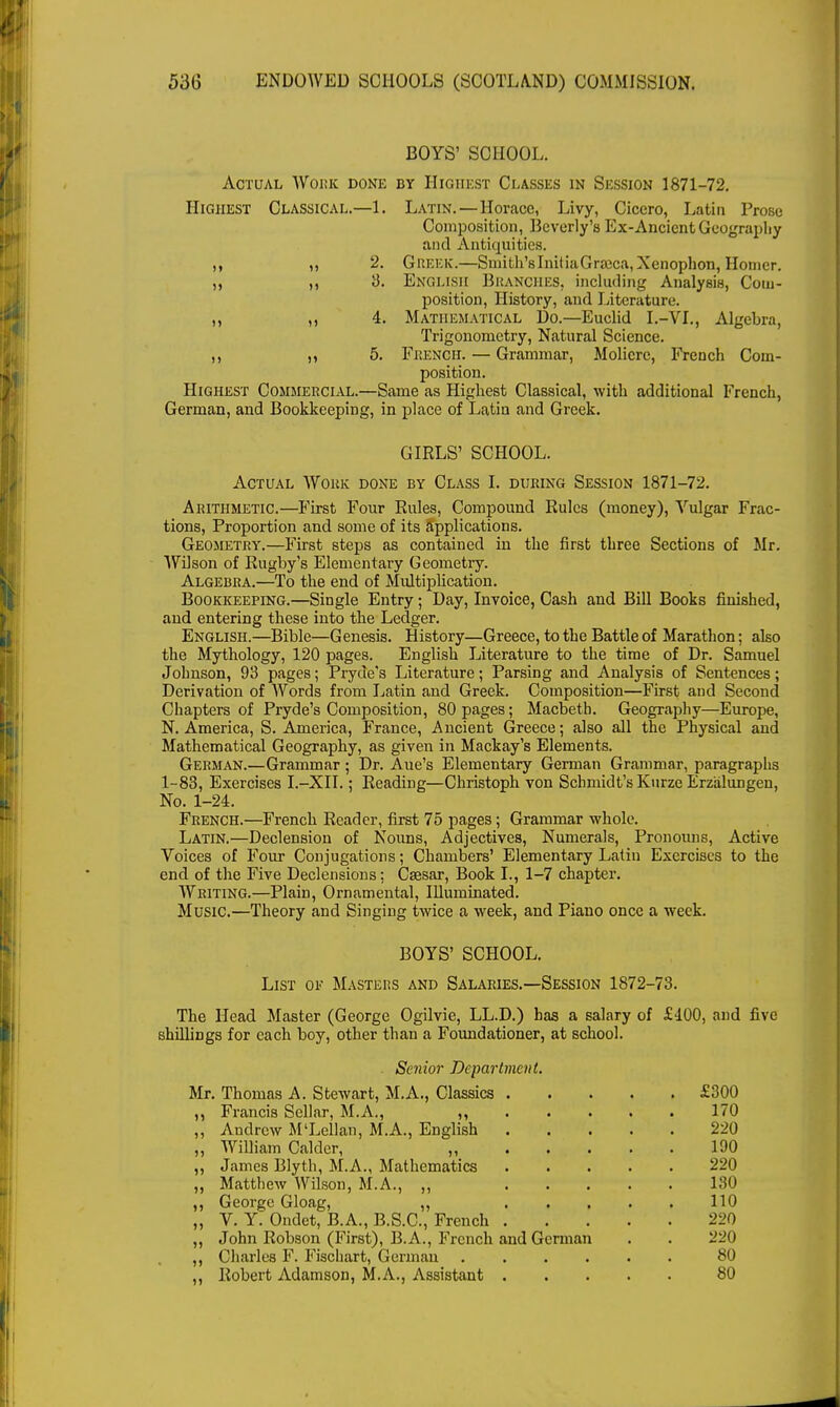 BOYS' SCHOOL. Actual Work done by Highest Classes in Session 1871-72. Highest Classical.—1. Latin. — Horace, Livy, Cicero, Latin Prose Composition, Beverly's Ex-Ancient Geography and Antiquities. ,, ,, 2. Greek.—Smith'sInitiaGraica,Xenophon, Homer. „ ,, 3. English BRANCHES, including Analysis, Com- position, History, and Literature. ,, ,, 4. Mathematical Do.—Euclid I.-VL, Algebra, Trigonometry, Natural Science. ,, 5. French. — Grammar, Molicrc, French Com- position. Highest Commercial.—Same as Highest Classical, with additional French, German, and Bookkeeping, in place of Latin and Greek. GIRLS' SCHOOL. Actual Work done by Class I. during Session 1871-72. Arithmetic.—First Four Rules, Compound Rules (money), Vulgar Frac- tions, Proportion and some of its applications. Geometry.—First steps as contained in the first three Sections of Mr. Wilson of Rugby's Elementary Geometry. Algebra.—To the end of Multiplication. Bookkeeping.—Single Entry; Day, Invoice, Cash and Bill Books finished, and entering these into the Ledger. English.—Bible—Genesis. History—Greece, to the Battle of Marathon; also the Mythology, 120 pages. English Literature to the time of Dr. Samuel Johnson, 93 pages; Pryde's Literature; Parsing and Analysis of Sentences; Derivation of AVords from Latin and Greek. Composition—First and Second Chapters of Pryde's Composition, 80 pages; Macbeth. Geography—Europe, N.America, S. America, France, Ancient Greece; also all the Physical and Mathematical Geography, as given in Mackay's Elements. German.—Grammar; Dr. Aue's Elementary German Grammar, paragraphs 1-83, Exercises I.-XII.; Reading—Christoph von Schmidt's Kurze Erz'alungen, No. 1-24. French.—French Reader, first 75 pages; Grammar whole. Latin.—Declension of Nouns, Adjectives, Numerals, Pronouns, Active Voices of Four Conjugations; Chambers' Elementary Latin Exercises to the end of the Five Declensions: Caesar, Book I., 1-7 chapter. Writing.—Plain, Ornamental, Illuminated. Music.—Theory and Singing twice a week, and Piano once a week. BOYS' SCHOOL. List of Masters and Salaries.—Session 1872-73. The Head Master (George Ogilvie, LL.D.) has a salary of £400, and five shillings for each boy, other than a Foundationer, at school. Senior Department. Mr. Thomas A. Stewart, M.A., Classics £300 ,, Francis Sellar, M.A., ,, 170 „ Andrew M'Lellan, M.A., English 220 ,, William Calder, ,, 100 ,, James Blyth, M.A., Mathematics 220 „ Matthew Wilson, M.A., „ 130 ,, George Gloag, ,, 110 „ V. Y: Ondet, B.A., B.S.C., French 220 „ John Robson (First), B.A., French and German . . 220 ,, Charles F. Fischart, German 80 ,, Robert Adamson, M.A., Assistant 80