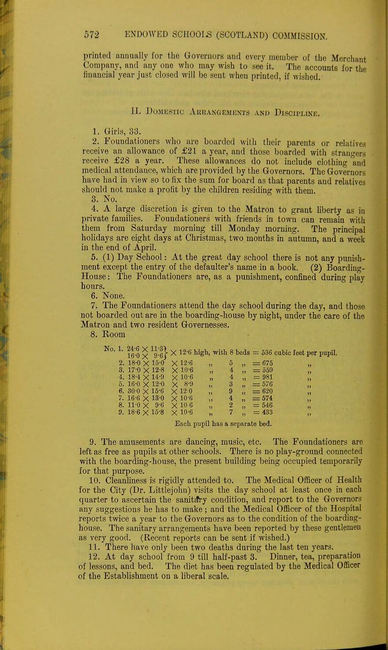 printed annually for the Governors and every member of the Merchant Company, and any one who may wish to see it. The accounts for the financial year just closed will be sent when printed, if wished. 1. Girls, 33. 2. Foundationers who are boarded with their parents or relatives receive an allowance of £21 a year, and those boarded with strangers receive £28 a year. These allowances do not include clothing and medical attendance, which are provided by the Governors. The Governors have had in view so to fix the sum for board as that parents and relatives should not make a profit by the children residing with them. 4. A large discretion is given to the Matron to grant liberty as in private families. Foundationers with friends in town can remain with them from Saturday morning till Monday morning. The principal holidays are eight days at Christmas, two months in autumn, and a week in the end of April. 5. (1) Day School: At the great day school there is not any punish- ment except the entry of the defaulter's name in a book. (2) Boarding- House: The Foundationers are, as a punishment, confined during play hours. 6. None. 7. The Foundationers attend the day school during the day, and those not boarded out are in the boarding-house by night, under the care of the Matron and two resident Governesses. 8. Room 2. 18-0 X 15-0 X 12-6 11 5 ii = 675 3. 17-0 X 12-8 X 10-6 11 4 ii = 559 4. 184 X 14-9 X 10-6 1) 4 ii = 981 5. 16-0 X 12-0 X 8-9 u 3 ii = 576 6. 30 0 X 15-6 X12-0 11 9 ii = 620 7. 16-6 X 13-0 X 10-6 u 4 ii = 574 8. 11-0 X 9-6 X 10 6 11 2 ii = 546 9. 18-6 X 15-8 X 10-6 11 7 ii = 433 9. The amusements are dancing, music, etc. The Foundationers are left as free as pupils at other schools. There is no play-ground connected with the boarding-house, the present building being occupied temporarily for that purpose. 10. Cleanliness is rigidly attended to. The Medical Officer of Health for the City (Dr. Littlejohn) visits the day school at least once in each quarter to ascertain the sanitary condition, and report to the Governors any suggestions he has to make; and the Medical Officer of the Hospital reports twice a year to the Governors as to the condition of the boarding- house. The sanitary arrangements have been reported by these gentlemen as very good. (Recent reports can be sent if wished.) 11. There have only been two deaths during the last ten years. 12. At day school from 9 till half-past 3. Dinner, tea, preparation of lessons, and bed. The diet has been regulated by the Medical Officer of the Establishment on a liberal scale. II. Domestic Auhangemkxts and Discipline. 3. No. X 12-6 high, with 8 beds 536 cubic feet per pupil. Each pupil has a separate bed.