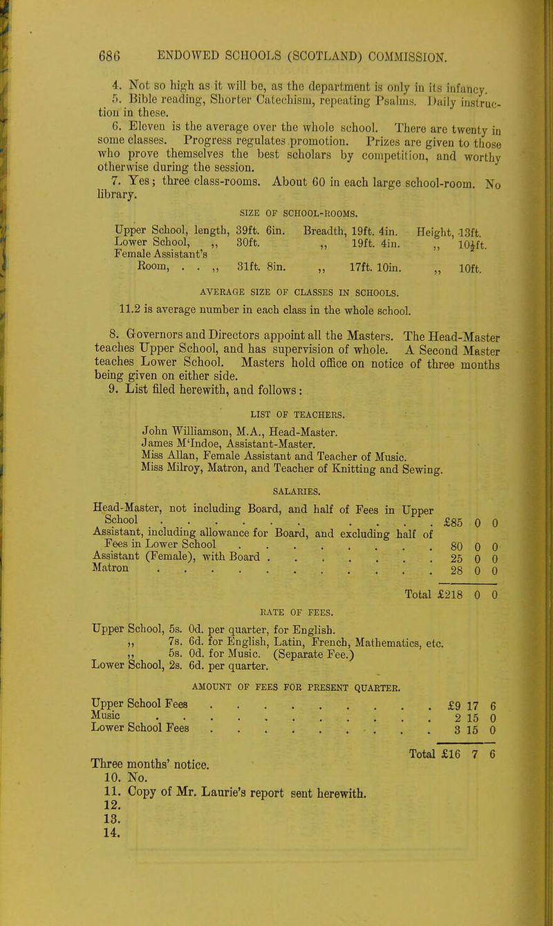 4. Not so high as it will be, as the department is only in its infancy. 5. Bible reading, Shorter Catechism, repeating Psalms. Daily instruc- tion in these. 6. Eleven is the average over the whole school. There are twenty in some classes. Progress regulates promotion. Prizes are given to those who prove themselves the best scholars by competition, and worthy otherwise during the session. 7. Yes; three class-rooms. About GO in each large school-room. No library. SIZE OF SCHOOL-ROOMS. Upper School, length, 39ft. 6in. Breadth, 19ft. 4in. Height, 13ft Lower School, „ 30ft. „ 19ft. 4in. „ I0£ft. Female Assistant's Room, . . „ 31ft. 8in. „ 17ft. lOin. „ 10ft. AVERAGE SIZE OF CLASSES IN SCHOOLS. 11.2 is average number in each class in the whole school. 8. Governors and Directors appoint all the Masters. The Head-Master teaches Upper School, and has supervision of whole. A Second Master teaches Lower School. Masters hold office on notice of three months being given on either side. 9. List filed herewith, and follows: LIST OF TEACHERS. John Williamson, M.A., Head-Master. James M'Indoe, Assistant-Master. Miss Allan, Female Assistant and Teacher of Music. Miss Milroy, Matron, and Teacher of Knitting and Sewing. SALARIES. Head-Master, not including Board, and half of Fees in Upper School .... £85 0 0 Assistant, including allowance for Board, and excluding half of Fees in Lower School 80 0 0 Assistant (Female), with Board . . . . . . 25 0 0 Matron 28 0 0 Total £218 0 0 RATE OF FEES. Upper School, 5s. Od. per quarter, for English. „ 7s. 6d. for English, Latin, French, Mathematics, etc. „ 5s. Od. for Music. (Separate Fee.) Lower School, 2s. 6d. per quarter. AMOUNT OF FEES FOR PRESENT QUARTER. Upper School Fees £9 17 6 Music L. 2 15 0 Lower School Fees 3150 m , Total £16 7 6 Three months' notice. 10. No. 11. Copy of Mr. Laurie's report sent herewith. 12. 13. 14.