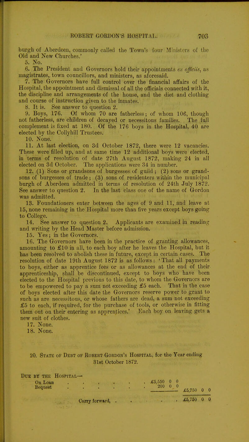 burgh of Aberdeen, commonly called the Town's four Ministers of the Old and New Churches.' 5. No. 6. The President and Governors hold their appointments ex officiis, as magistrates,, town councillors, and ministers, as aforesaid. 7. The Governors have full control over the financial affairs of the Hospital, the appointment and dismissal of all the officials connected with it, the discipline and arrangements of the house, and the diet and clothing and course of instruction given to the inmates. 8. It is. See answer to question 2. 9. Boys, 176. Of whom 70 are fatherless; of whom 106, though not fatherless, are children of decayed or necessitous families. The full complement is fixed at 180. Of the 176 boys in the Hospital, 40 are elected by the Collyhill Trustees. 10. None. 11. At last election, on 3d October 1872, there were 12 vacancies. These were filled up, and at same time 12 additional boys were elected, in terms of resolution of date 27th August 1872, making 24 in all elected on 3d October. The applications were 34 in number. 12. (1) Sons or grandsons of burgesses of guild; (2) sons or grand- sons of burgesses of trade; (3) sons of residenters within the municipal burgh of Aberdeen admitted in terms of resolution of 24th July 1872. See answer to question 2. In the last class one of the name of Gordon was admitted. 13. Foundationers enter between the ages of 9 and 11, and leave at 15, none remaining in the Hospital more than five years except boys going to College. 14. See answer to question 2. Applicants are examined in reading and writing by the Head Master before admission. 15. Yes; in the Governors. 16. The Governors have been in the practice of granting allowances, amounting to £10 in all, to each boy after he leaves the Hospital, but it has been resolved to abolish these in future, except in certain cases. The resolution of date 19th August 1872 is as follows : 'That all payments to boys, either as apprentice fees or as allowances at the end of their apprenticeship, shall be discontinued, except to boys who have been elected to the Hospital previous to this date, to whom the Governors are to be empowered to pay a sum not exceeding £5 each. That in the case of boys elected after this date the Governors reserve power to grant to such as are necessitous, or whose fathers are dead, a sum not exceeding £5 to each, if required, for the purchase of tools, or otherwise in fitting them out on their entering as apprentices.' Each boy on leaving gets a new suit of clothes. 17. None. 18. None. 20. State of Debt of Robert Gordon's Hospital, for the Year ending 81st October 1872. Due by the Hospital— On Loan £5,550 0 0 Bequest 200 0 0 £5,750 0 0 Carryforward, . . • • £6,760 0 0