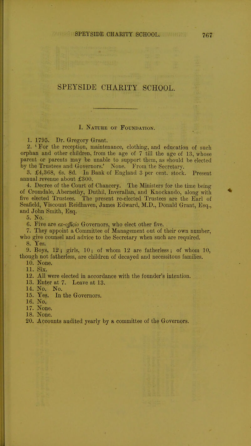 SPEYSIDE CHARITY SCHOOL. I. Nature of Foundation. 1. 1795. Dr. Gregory Grant. 2. ' For the reception, maintenance, clothing, and education of such orphan and other children, from the age of 7 till the age of 13, whose parent or parents may be unable to support them, as should be elected by the Trustees and Governors.' None. From the Secretary. 3. £4,368, 6s. 8d. In Bank of England 3 per cent, stock. Present annual revenue about £300. 4. Decree of the Court of Chancery. The Ministers for the time being of Cromdale, Abernethy, Duthil, Inverallan, and Knockando, along with five elected Trustees. The present re-elected Trustees are the Earl of Seafield, Viscount Reidhaven, James Edward, M.D., Donald Grant, Esq., and John Smith, Esq. 5. No. 6. Five are ex-officio Governors, who elect other five. 7. They appoint a Committee of Management out of their own number, who give counsel and advice to the Secretary when such are required. 8. Yes. 9. Boys, 12; girls, 10; of whom 12 are fatherless; of whom 10, though not fatherless, are children of decayed and necessitous families. 10. None. 11. Six. 12. All were elected in accordance with the founder's intention. 13. Enter at 7. Leave at 13. 14. No. No. 15. Yes. In the Governors. 16. No. 17. None. 18. None. 20. Accounts audited yearly by a committee of the Governors.