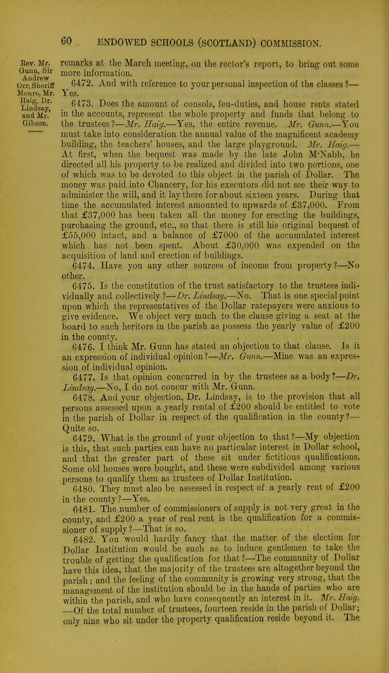 Eev. Mr. Qunn, Sir Andrew Orr, Sheriff Mouro, Mr. Haig, Dr. Lindsay, and Mr. Gibson. remarks at the March meeting, on the rector's report, to bring out some more infomation. 6472. And with reference to your personal inspection of the classes 1— Yes. 6473. Does the amount of consols, feu-duties, and house rents stated in the accounts, represent the whole property and funds that belong to the trustees?—Mr. Haig.—Yes, the entire revenue. Mi: Gunn.—You must take into consideration the annual value of the magnificent academy building, the teachers' houses, and the large playground. Mr. Haig.— At first, when the bequest was made by the late John M'Xabb, he directed all his property to be realized and divided into two portions, one of which was to be devoted to this object in the parish of Dollar. The money was paid into Chancery, for his executors did not see their way to administer the will, and it lay there for about sixteen years. During that time the accumulated interest amounted to upwards of £37,000. From that £37,000 has been taken all the money for erecting the buUdings, purchasing the ground, etc., so that there is still his original bequest of £55,000 intact, and a balance of £7000 of the accumulated interest which has not been spent. About £30,000 was expended on the acquisition of land and erection of buildings. 6474. Have you any other sources of income from property?—ISo other. 6475. Is the constitution of the trust satisfactory to the trustees indi- vidually and collectively ?—Dr. Lindsay.—No. That is one special point upon which the representatives of the Dollar ratepayers were anxious to give evidence. We object very much to the clause giving a seat at the board to such heritors in the parish as possess the yearly value of £200 in the county. 6476. I think Mr. Gunn has stated an objection to that clause. Is it an expression of individual opinion ?—Mr. Ch.mn.—Mine was an exjjres- sion of individual opinion. 6477. Is that opinion concurred in by the trustees as a body ?—Dr. Lindsay.—No, I do not concur with Mr. Gunn. 6478. And your objection, Dr. Lindsay, is to the provision that all persons assessed upon a yearly rental of £200 should be entitled to vote in the parish of Dollar in respect of the quaUfication in the county?— Quite so. 6479. What is the ground of your objection to that?—My objection is this, that such parties can have no particular interest in Dollar school, and that the greater part of these sit under fictitious qualifications. Some old houses were bought, and these were subdivided among various persons to quahfy them as trustees of Dollar Institution. 6480. They must also be assessed in respect of a yearly rent of £200 in the county ?—Yes. 648 L The number of commissioners of supply is not very great in the county, and £200 a year of real rent is the quaUfication for a commis- sioner of supply ?—That is so. 6482. You would hardly fancy that the matter of the election for Dollar Institution would be such as to induce gentlemen to take the trouble of getting the qualification for that ?—The community of Dollar have this idea, that the majority of the trustees are altogether beyond the parish; and the feeling of the community is growing very strong, that the management of the institution should be in the hands of parties who are within the parish, and who have consequently an interest in it. 3fr. Haig. —Of the total number of trustees, fourteen reside in the parish of Dollar; only nine who sit under the property quaUfication reside beyond it. The