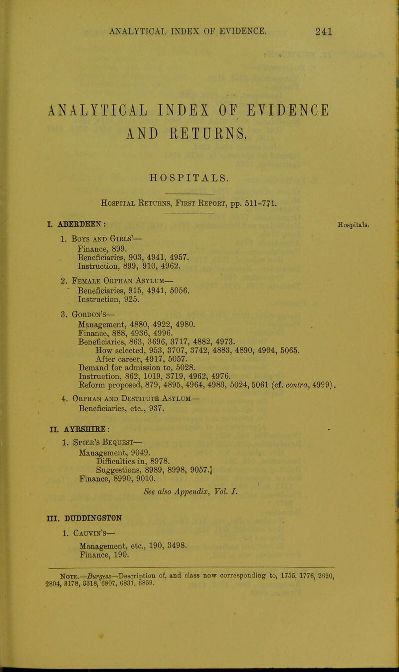 ANALYTICAL INDEX OF EVIDENCE AND RETURNS. HOSPITALS. Hospital REXcims, First Report, pp. 511-771. I. ABERDEEN: Hospitals. 1. Boys and Girls'— Finance, 899. Beneficiaries, 903, 4941, 4957. Instruction, 899, 910, 4962. 2. Female Orphan Asylum— Beneficiaries, 915, 4941, 5056. Instruction, 925. 3. Gordon's— Management, 4880, 4922, 4980. Finance, 888, 4936, 4996. Beneficiaries, 863, 3696, 3717, 4882, 4973. How selected, 953, 3707, 3742, 4883, 4890, 4904, 5065. After career, 4917, 5057. Demand for admission to, 5028. Instruction, 862, 1019, 3719, 4962, 4976. Reform proposed, 879, 4895, 4964, 4983, 5024, 5061 (of. contra, 4999), 4. Orphan and Destitute Asylum— Beneficiaries, etc., 937. II. AYESHIEE: 1. Spier's Bequest— Management, 9049. Difficulties in, 8978. Suggestions, 8989, 8998, 9057.] Finance, 8990, 9010. See also Appendix, Vol. J, ni. DTJDDINGSTON 1. Cauvin's— Management, etc., 190, 3498. Finance, 190. Note.—Bwrye**—Description of, and class now corresponding to, 1755, 1776, 2620, 2804, 3178, 3318, 6807, 6831, 6859.