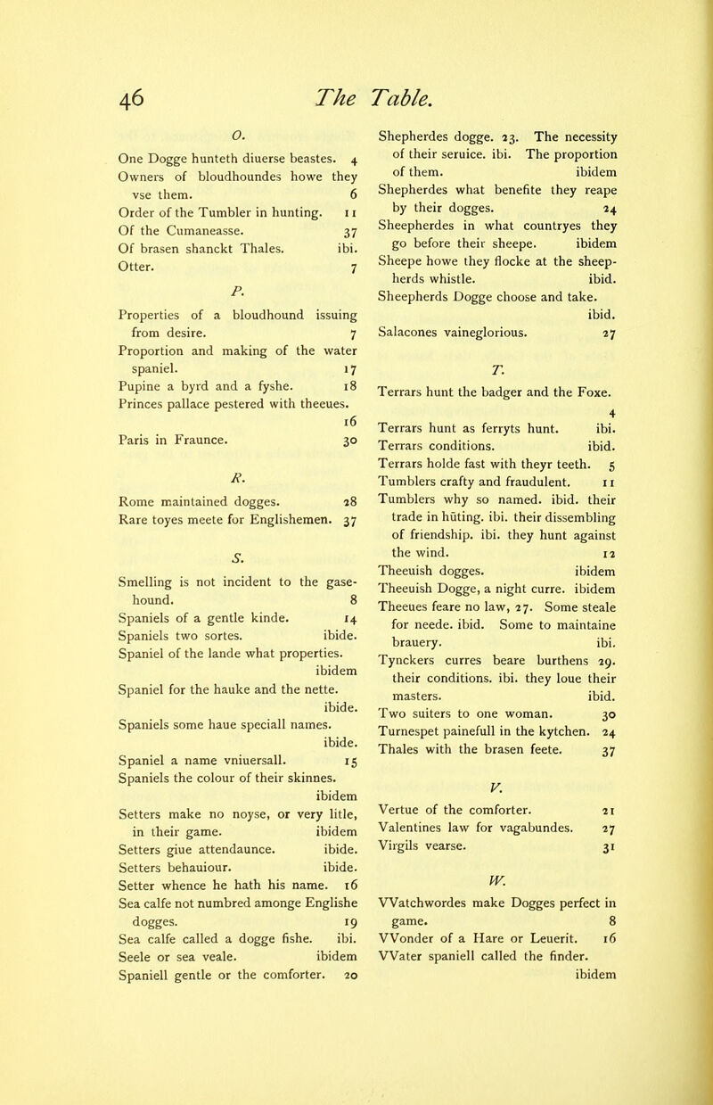 o. One Dogge hunteth diuerse beastes. 4 Owners of bloudhoundes howe they vse them. 6 Order of the Tumbler in hunting. 11 Of the Cumaneasse. 37 Of brasen shanckt Thales. ibi. Otter. 7 P. Properties of a bloudhound issuing from desire. 7 Proportion and making of the water spaniel. 17 Pupine a byrd and a fyshe. 18 Princes pallace pestered with theeues. i6 Paris in Fraunce. 30 H. Rome maintained dogges. 58 Rare toyes meete for Englishemen. 37 .S-. Smelling is not incident to the gase- hound. 8 Spaniels of a gentle kinde. 14 Spaniels two sortes. ibide. Spaniel of the lande what properties. ibidem Spaniel for the hauke and the nette. ibide. Spaniels some haue speciall names. ibide. Spaniel a name vniuersall. 15 Spaniels the colour of their skinnes. ibidem Setters make no noyse, or very litle, in their game. ibidem Setters giue attendaunce. ibide. Setters behauiour. ibide. Setter whence he hath his name. 16 Sea calfe not numbred amonge Englishe dogges. 19 Sea calfe called a dogge fishe. ibi. Seele or sea veale. ibidem Spaniell gentle or the comforter. 20 Shepherdes dogge. 23. The necessity of their seruice. ibi. The proportion of them. ibidem Shepherdes what benefite they reape by their dogges. 24 Sheepherdes in what countryes they go before their sheepe. ibidem Sheepe howe they flocke at the sheep- herds whistle. ibid. Sheepherds Dogge choose and take. ibid. Salacones vaineglorious. 27 Terrars hunt the badger and the Foxe. 4 Terrars hunt as ferryts hunt. ibi. Terrars conditions. ibid. Terrars holde fast with theyr teeth. 5 Tumblers crafty and fraudulent. 11 Tumblers why so named, ibid, their trade in huting. ibi. their dissembling of friendship, ibi. they hunt against the wind. 12 Theeuish dogges. ibidem Theeuish Dogge, a night curre. ibidem Theeues feare no law, 27. Some steale for neede. ibid. Some to maintaine brauery. ibi. Tynckers curres beare burthens 29. their conditions, ibi. they loue their masters. ibid. Two suiters to one woman. 30 Turnespet painefull in the kytchen. 24 Thales with the brasen feete. 37 Vertue of the comforter. 21 Valentines law for vagabundes. 27 Virgils vearse. 31 IV. Watchwordes make Dogges perfect in game. 8 Wonder of a Hare or Leuerit. 16 Water spaniell called the finder. ibidem