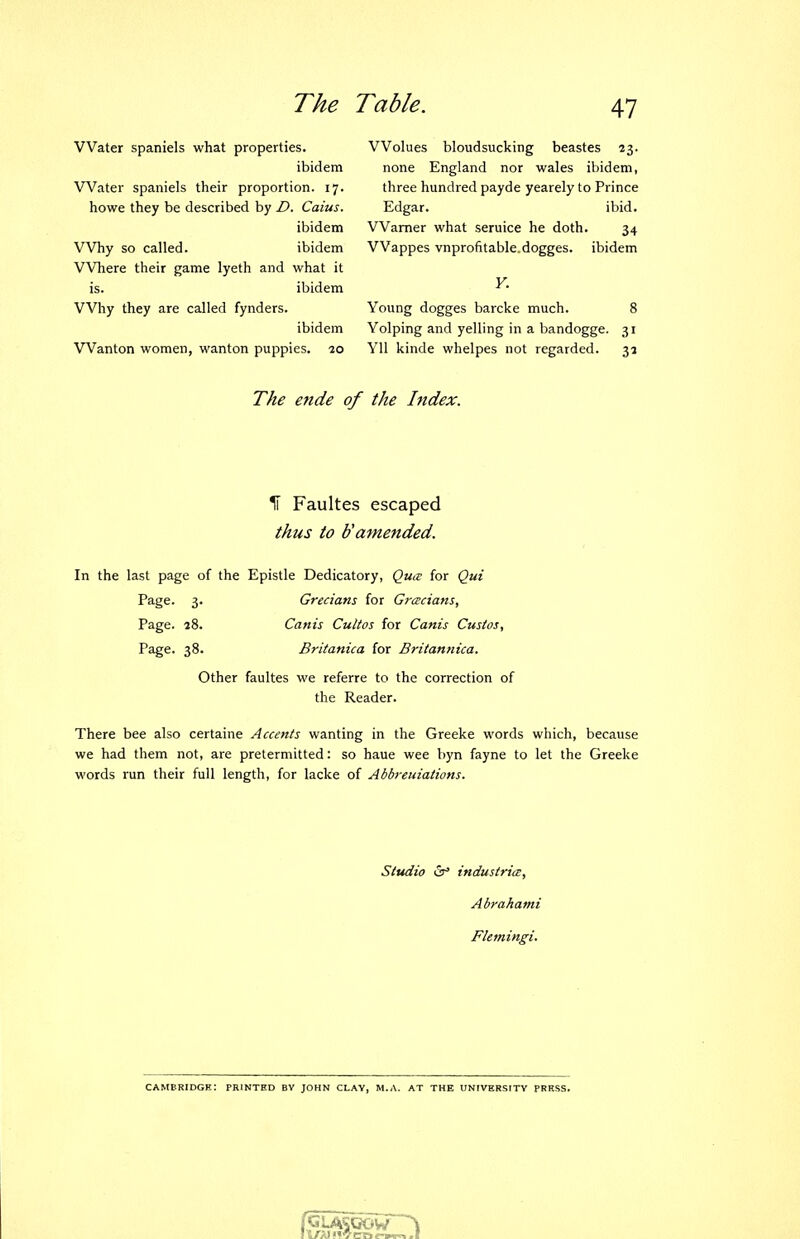 Water spaniels what properties. ibidem Water spaniels their proportion. 17. howe they be described by D. Caius. ibidem Why so called. ibidem Where their game lyeth and what it is. ibidem Why they are called fynders. ibidem Wanton women, wanton puppies. 20 Wolues bloudsucking beastes 23. none England nor wales ibidem, three hundred payde yearely to Prince Edgar. ibid. Warner what seruice he doth. 34 Wappes vnprofitable.dogges. ibidem Y. Young dogges barcke much. 8 Yolping and yelling in a bandogge. 31 YU kinde whelpes not regarded. 31 The ende of the Index. H Faultes escaped thus to b'amended. In the last page of the Epistle Dedicatory, Qua: for Qui Page. 3. Grecians for Grecians, Page. 28. Canis Culios for Cams Custos, Page. 38. Britanica for Britannica. Other faultes we referre to the correction of the Reader. There bee also certaine Accents wanting in the Greeke words which, because we had them not, are pretermitted: so haue wee byn fayne to let the Greeke words run their full length, for lacke of Abbreuiations. Studio or' industria, Abrahami Flemingi. Cambridge: printed by john clay, m.a. at the university press.