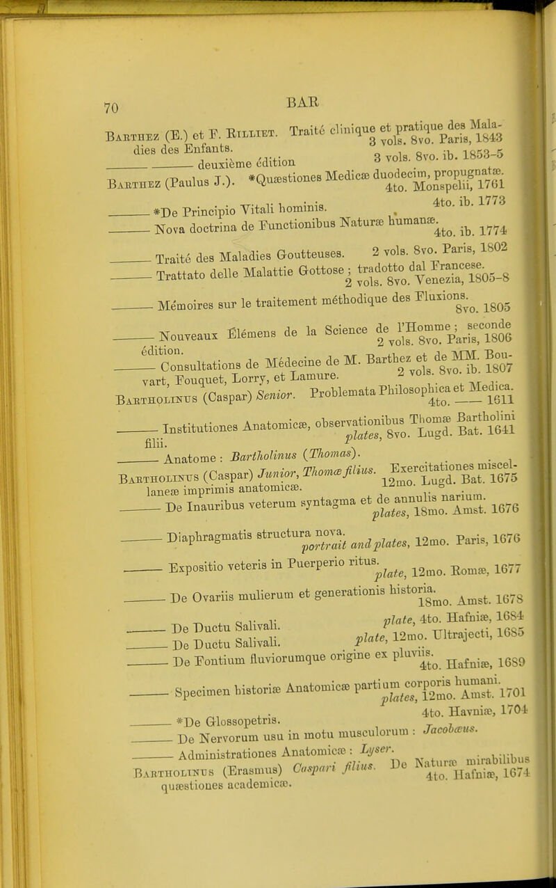 ^'^^^r.. «i«on 3 vols. 8vo. ib. 1B58-5 m 1 c T ^ *OusDstiones Medicse duodecim, propugnata} Baethez (Paulus 3.)- muaestiouBB Monspelii, 17G1 *De Principio Vitali hominis. . ^to. ib. 1773 Nova doctrina de Functionibus Nature ^uman^. ^^^^ Traitc des Maladies Goutteuses. 2 vols 8vo^ Paris 1802 Trattato delle Malattie Gottose ; — .^.^^^^^^^^^^^ Memoires sur le traitement m6thodique des ^^^^^^^^^^^ ^g^g Nouveaux El.^ens de la Science f^^^lZ;^J^^^^^^ ^'rnsultations de Medecine de M. Bartbe. et de « Bou- Fouquet, Lorry, et Lamure. 2 vols. «vo lo^ x.u, Baethomntjs (Caspar) Senior. Problemata Pbilosopbica e^ —^611 Institutiones A.ato.ic. obse—s Tj..» B^ft^M filll. \ Anatome : Bartholinus {Thomas). _ lanejB imprimis anatomicse. i^mu. „ I)e InLribus veterum syntagma ,e76 Diapbragmatis Btmctura no.a^ ^^^^^^^^^^^ ^^^^^ p^^.^^ ^^,3 . Expositio veteris in Puerperio ritus^^^^^^ ^^^^ ^^^^^ ^g.. De Ovariis mnlierum et generationis W^torm^^ ^^^^ ^^^^ De Ductu Salivali. V^^^^^ 4ta Hafoi^, 1684 ZH De Ductu Salivali. pl-te, 12mo. UltraJeet^, I680 De Pentium fluviorumqne origme ex pluviis.^ ^^^^.^^ ^^^^ Specimen bistori. Anatomicae 1-tium c^^^^^^^^^^^^ 4to. Havnia;, 1704 *De Glossopetris. De Nervorum usu in motu musculorum : JacohcBUs. Administrationes Anatomica?: iyse'-- ,„ir,i,iHbus (Erasmus) Caspari fiUus. De ^^^-^Xtie qusestioues academico9.