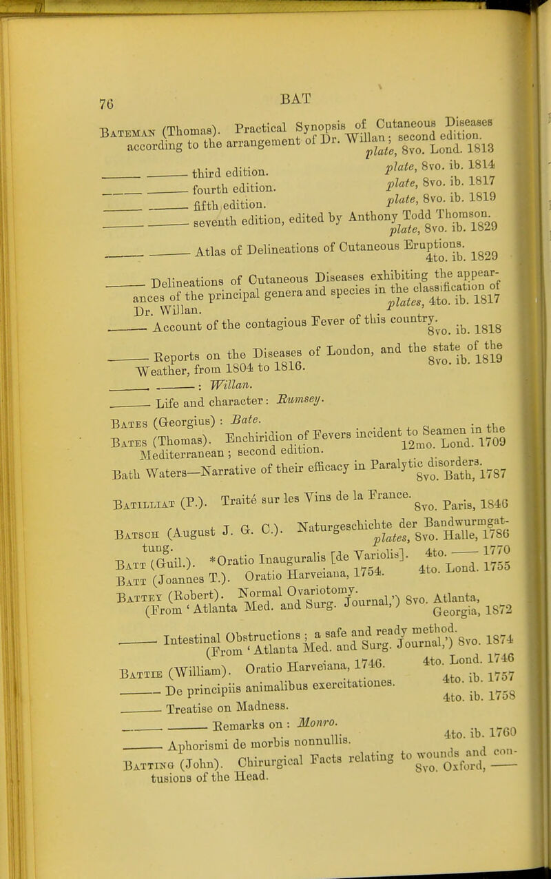 B.TBHAK (Thomas). Practical fy-^mil^n'T^^^^^ according to the arrangement of Dr. ^lUan, ^Becond ed.t.o ^.^^ . third edition. P[^i^' ^jo. ib. 1814 fourth edition. I>lf^' .b. 8 7 fifth edition. ^^'''.^'J^- seventh edition, edited by AnthonyJ^odd^^^^^^^ . . Atlas of Delineations of Cutaneous Eruptions. ^^^^ Delineations of Cutaneous Diseases exhihiting the appear- -ce^ortt principal generaand species the^^^^^^^ Dr. Willan. « , . / _ Aoeount of tie contagiouB Pever of this country. ^^^^ Keports on tie Disease, of London, and rtate^of^the Weather, from 1804. to 1816 . : Willan Life and character: Bumsetj. Bates (Georgius) : Bate. • 4., „ B.... (Thomas). Enchiridion of Feve. i-'^ent ^-^en Mediterranean ; second edition. Bath Waters-Namti,e of their efficacy in P^a'^'^/jX ^nST BATij-niT (P.). Trait* snr Im Vin. de la Prance. ^^^.^^ ^^^^ B..SOH (August J. G. C). l^aturgeschichte^der^Ban^wuro^^^^^ B...Tauil.). 'Oratio Inaugnrali, [de «. 4to. — 1770 Bati (Joannes T.). Oratio Harveiaua, 4to. l.ona -^^Mnta^^lS^-al,-) 8vo. .0^. ^^^^ (William). Oratio Harveiana. 1746. 4to. Lon • . De principiis animalibus exercitationes. 4to. iD. i^^^ Treatise on Madness. Bemarks on : Jfon^-o- 11 :„ 4to. lb. 1/oU . Aphorismi de morbis nonnuUis. B.TXX.a (John). Chirurgical Facts relating to woun<is^anc^ ^ tusions of the Head.