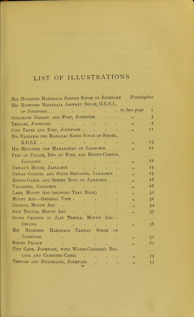 His Highness Maharaja Sardab Singh of Jodhpobe Frontispiece His Highness Maharaja Jaswant Singh, G.C.S.I., OF Jodhpobe to face page i GiRDiKOTB Market and Fort, Jodhpobe . . „ 3 Temples, Jodhpore ...... >) 4 City Tanks and Tort, Jodhpore .... „ n His Highness the Maharao Kesri Singh of Sirohi, K. C.S.I 13 His Highness the Maharawal of Jaisalmir . „ 21 Part of Palace, End of Fort, and Riding-Camels, Jaisalmir » Dbwan's House, Jaisalmir ,, 24 Dewan Council and State Sebvants, Jaisalmir . „ 27 Riding-Camel and Stbebt Boys op Jaisalmib . „ 28 Villagers, Jaisalmib „ 28 Lake, Mount Abu (showing Toad Rock) . . „ 30 Mount Abu—Genebal View ..... „ 32 Church, Mount Abu „ 34 Jain Temple, Mount Abu „ 37 Stone Cabving in Jain Temple, Mount Abu— Ceiling ........ „ 38 His Highness Mahabaja Takhat Singh of Jodhpore ....... ,, 51 Sirohi Palace ....... „ 61 City Gate, Jodhpore, with Water-Carrieb's Bul- lock AND Cabbying-Camel . . . . 75 Temples and Dhanmandi, Jodhpobe ... „ 77