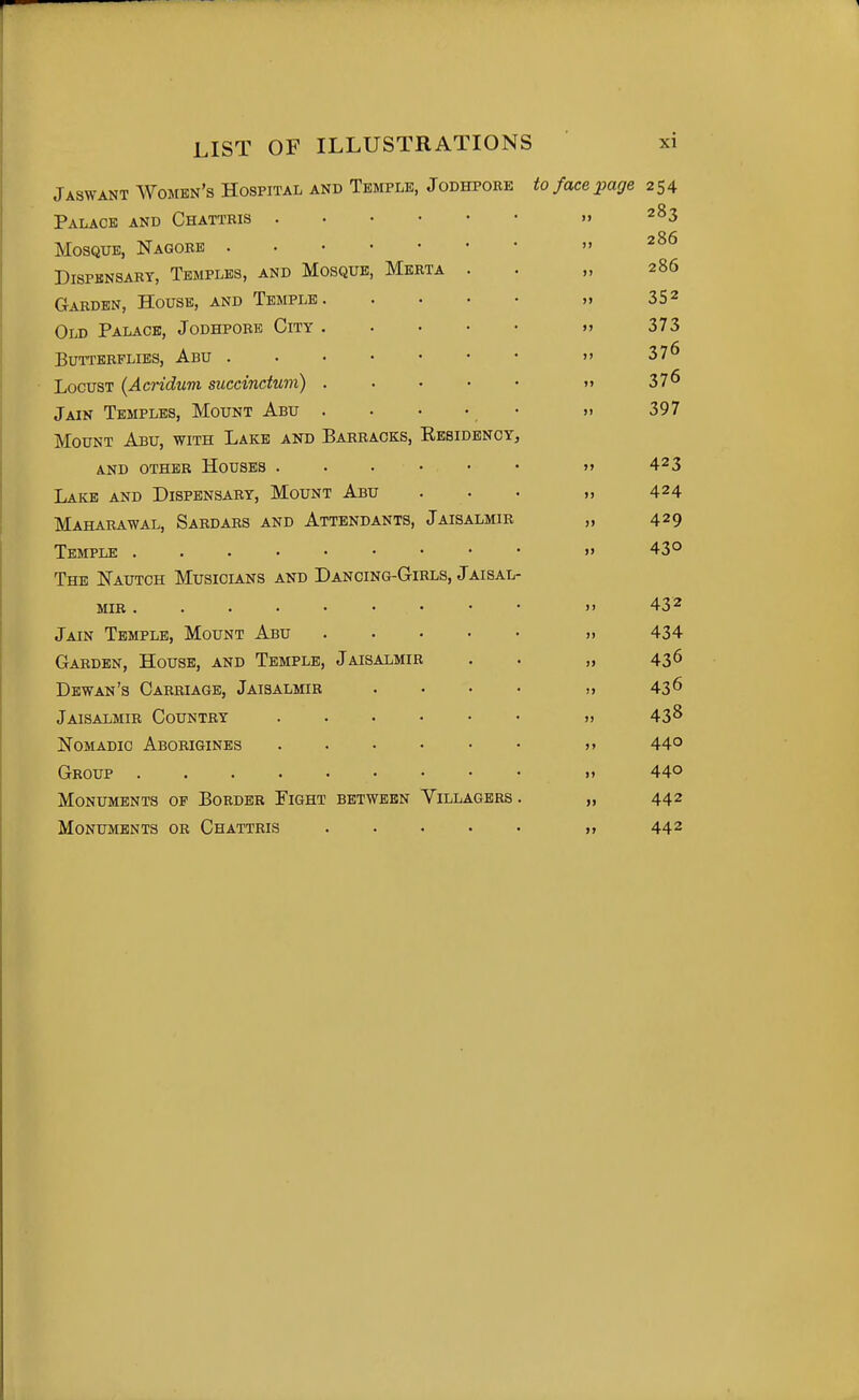 Jaswant Women's Hospital and Temple, Jodhpore to face page 254 Palace and Chattris » 283 Mosque, Nagore  Dispensary, Temples, and Mosque, Merta . . „ 286 Garden, House, and Temple » 352 Old Palace, Jodhpore City » 373 BUTTBRFLIES, AbU  37^ Locust (Acridum suecindum) . • • • • » 37^ Jain Temples, Mount Abu ..... » 397 Mount Abu, with Lake and Barracks, Eesidenoy^ and other Houses . . . . • • >> 423 Lake and Dispensary, Mount Abu ... „ 424 Maharawal, Sardars and Attendants, Jaisalmir „ 429 Temple «» 43° The Nautch Musiclans and Dancing-Girls, Jaisal- MIR  432 Jain Temple, Mount Abu » 434 Garden, House, and Temple, Jaisalmir . . „ 43^ Dewan's Carriage, Jaisalmir .... „ 436 Jaisalmir Country ...... „ 43^ Nomadic Aborigines >» 44° Group >» 44° Monuments of Border Fight between Villagers . „ 442 Monuments or Chattris „ 442