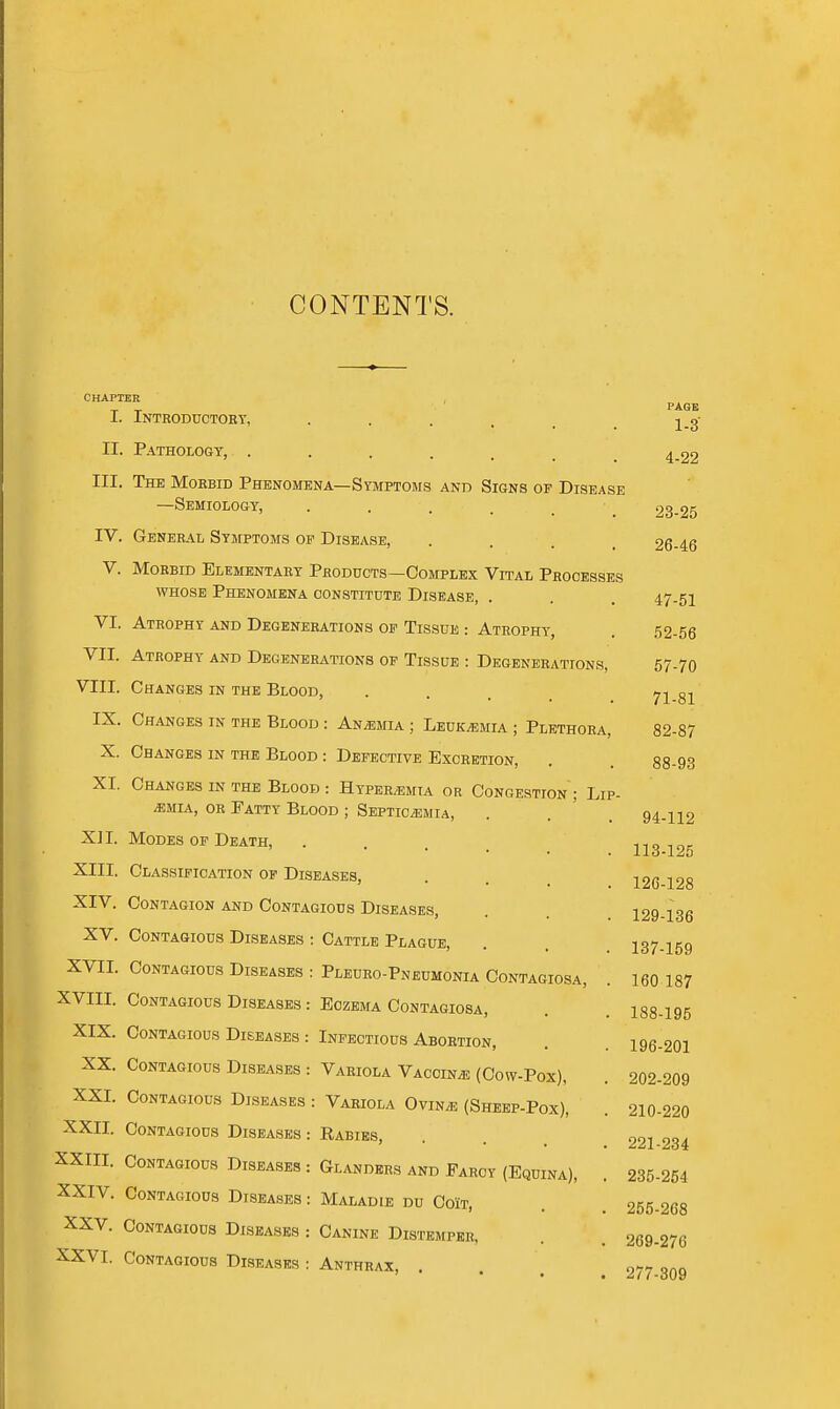 CONTENTS. CHAPTER , PAQB I. Introductory, 1.3' II. Pathology, ....... 4.22 III. The Morbid Phenomena—Symptoms and Signs op Disease —Semiology, . . . . _ 23-25 IV. General Symptoms op Disease, .... 26-46 V. Morbid Elementary Products—Complex Vital Processes whose Phenomena constitute Disease, . . . 47.51 VI. Atrophy and Degenerations op Tissue : Atrophy, . .52-56 VII. Atrophy and Degenerations op Tissue : Degenerations, 57.70 VIII. Changes in the Blood, . . g-^ IX. Changes in the Blood : Anjemia ; Leukemia ; Plethora, 82-87 X. Changes in the Blood : Defective Excretion, . . 88-93 XI. Changes IN the Blood : HtpervEmia or Congestion ; Lip- ^MiA, or Fatty Blood ; Septicaemia, . . ' . 94.112 XII. Modes of Death, . . . _ XIII. Classification of Diseases, . . , J2C 128 XIV. Contagion and Contagious Diseases, . . . 129-136 XV. Contagious Diseases : Cattle Plague, . . . 137-159 XVII. Contagious Diseases : Pleuro-Pneumonia Contagiosa, . 160 187 XVIII. Contagious Diseases : Eczema Contagiosa, . . 188-I95 XIX. Contagious Diseases : Infectious Abortion, . .196-201 XX. Contagious Diseases : Variola Vaccina (Cow-Pox), . 202-209 XXL Contagious Diseases : Variola Ovin* (Sheep-Pox), . 210-220 XXII. Contagious Diseases Rabies, . . . _ 221-234 XXIII. Contagious Diseases : Glanders and Farcy (Equina), . 235-254 XXIV. Contagious Diseases : Maladie du CoIt, . . 255-268 XXV. Contagious Diseases : Canine Distemper, . . 269-276 XXVI. Contagious Diseases : Anthrax, . . . 277.-^ng