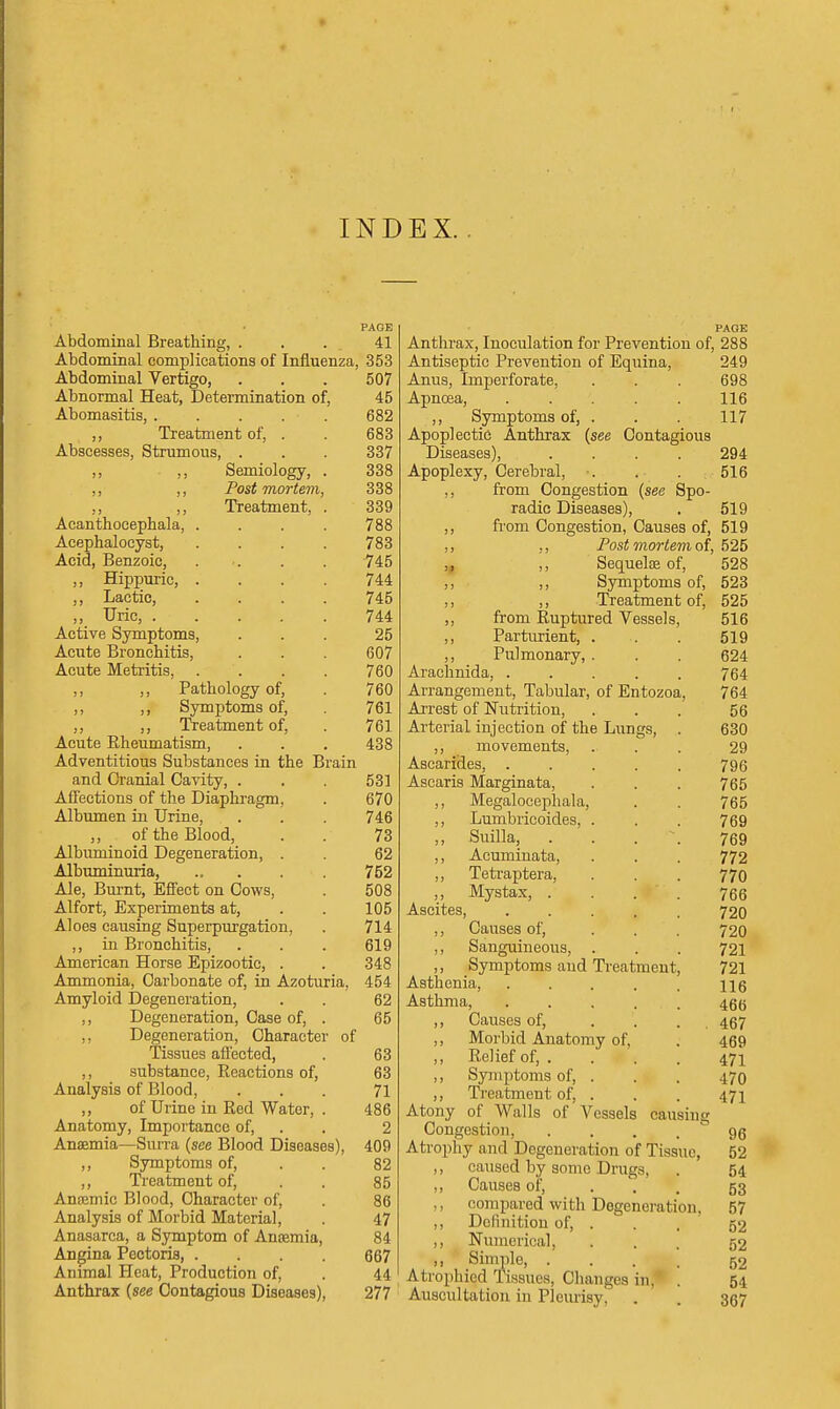 Abdominal Breathing, . . . 41 Abdominal complications of Influenza, 353 Abdominal Vertigo, . . . 507 Abnormal Heat, Determination of, 45 Abomasitis, 682 ,, Treatment of, . . 683 Abscesses, Strumous, . . . 337 ,, ,, Semiology, . 338 ,, ,, Postmortem, 338 ,, ,, Treatment, . 339 Acanthocephala, .... 788 Aeephalocyst, .... 783 Acid, Benzoic, .... 745 ,, Hippurie, .... 744 ,, Lactic, .... 745 „ TJric, 744 Active Symptoms, ... 25 Acute Bronchitis, . . . 607 Acute Metritis, .... 760 Pathology of, . 760 ,, ,, Symptoms of, 761 ,, ,, Treatment of, . 761 Acute Rheumatism, . . . 438 Adventitious Substances in the Brain and Cranial Cavity, . . . 531 Afi'ections of the Diaphragm, . 670 Albumen in Urine, . . 746 ,, of the Blood, . . 73 Albuminoid Degeneration, . . 62 Albuminuria, ..... 752 Ale, Burnt, Effect on Cows, . 508 Alfort, Experiments at, . . 105 Aloes causing Superpurgation, . 714 ,, in Bronchitis, . . . 619 American Horse Epizootic, . . 348 Ammonia, Carbonate of, in Azoturia, 454 Amyloid Degeneration, . . 62 ,, Degeneration, Case of, . 65 ,, Degeneration, Character of Tissues afl'ected, . 63 ,, substance. Reactions of, 63 Analysis of Blood, ... 71 ,, of Urine in Red Water, . 486 Anatomy, Importance of, . . 2 Anaemia—Surra {see Blood Diseases), 409 ,, Symptoms of, . . 82 ,, Treatment of, . . 85 Anajmic Blood, Character of, . 86 Analysis of Morbid Material, . 47 Anasarca, a Symptom of Anaemia, 84 Angina Pectoris, .... 667 Animal Heat, Production of, . 44 Anthrax {see Contagious Diseases), 277 PAGE Anthrax, Inoculation for Prevention of, 288 Antiseptic Prevention of Equina, 249 Anus, Imperforate, . . . 698 Apnoea, ..... 116 ,, Symptoms of, . . . 117 Apoplectic Anthrax {see Contagious Diseases), .... 294 Apoplexy, Cerebral, ■. . . 516 from Congestion {see Spo- radic Diseases), . 519 ,, from Congestion, Causes of, 519 ,, ,, Post mortem oi, 525 ,g ,, Sequelae of, 528 ,, ,, Symptoms of, 523 ,, ,, Treatment of, 525 „ from Ruptured Vessels, 516 ,, Parturient, . . . 519 ,, Pulmonary, . . . 624 Arachnida, 764 Arrangement, Tabular, of Entozoa, 764 Arrest of Nutrition, . . . 56 Arterial injection of the Lungs, . 630 ,, movements, ... 29 Ascarides, . . . . . 796 Ascaris Marginata, . . . 765 ,, Megalocephala, . . 765 ,, Lumbricoides, . . . 769 ,, Suilla, . . . . 769 ,, Acuminata, . . . 772 ,, Teti-aptera, . . . 770 ,, Mystax, .... 766 Ascites, 720 ,, Causes of, . . . 720 ,, Sanguineous, . . . 721 ,, Symptoms and Treatment, 721 Asthenia, . . . . . 115 Asthma, ..... 456 ,, Causes of, .... 467 ,, Morbid Anatomy of, . 469 ,, Relief of, . . . . 471 ,, Symptoms of, . . . 470 ,, Ti-eatment of, . . . 471 Atony of Walls of Vessels causing Congestion, . . . . 96 Atrophy and Degeneration of Tissue, 52 ,, caused by some Drugs, . 54 ,, Causes of, ... 53 ,, compared with Degeneration, 57 ,, Delinition of, . . . 52 ,, Numerical, ... 52 ,, Simple 52 Atrophied Tissues, Clianges in, . 54 Auscultation in Pleurisy, . . 357