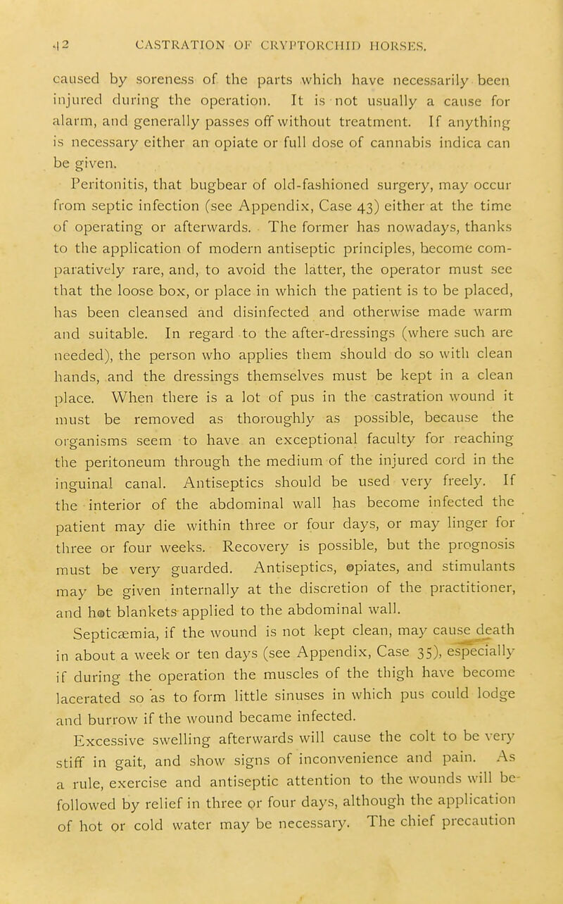 caused by soreness of the parts which have necessarily been injured during the operation. It is not usually a cause for alarm, and generally passes off without treatment. If anything is necessary either an opiate or full dose of cannabis indica can be given. Peritonitis, that bugbear of old-fashioned surgery, may occur from septic infection (see Appendix, Case 43) either at the time of operating or afterwards. The former has nowadays, thanks to the application of modern antiseptic principles, become com- paratively rare, and, to avoid the latter, the operator must see that the loose box, or place in which the patient is to be placed, has been cleansed and disinfected and otherwise made warm and suitable. In regard to the after-dressings (where such are needed), the person who applies them should do so with clean hands, and the dressings themselves must be kept in a clean place. When there is a lot of pus in the castration wound it must be removed as thoroughly as possible, because the organisms seem to have an exceptional faculty for reaching the peritoneum through the medium of the injured cord in the inguinal canal. Antiseptics should be used very freely. If the interior of the abdominal wall has become infected the patient may die within three or four days, or may linger for three or four weeks. Recovery is possible, but the prognosis must be very guarded. Antiseptics, ©piates, and stimulants may be given internally at the discretion of the practitioner, and h<Bt blankets applied to the abdominal wall. Septicseraia, if the wound is not kept clean, may cause death in about a week or ten days (see Appendix, Case 35), especially if during the operation the muscles of the thigh have become lacerated so as to form little sinuses in which pus could lodge and burrow if the wound became infected. Excessive swelling afterwards will cause the colt to be very stiff in gait, and show signs of inconvenience and pain. As a rule, exercise and antiseptic attention to the wounds will be followed by relief in three or four days, although the application of hot or cold water may be necessary. The chief precaution