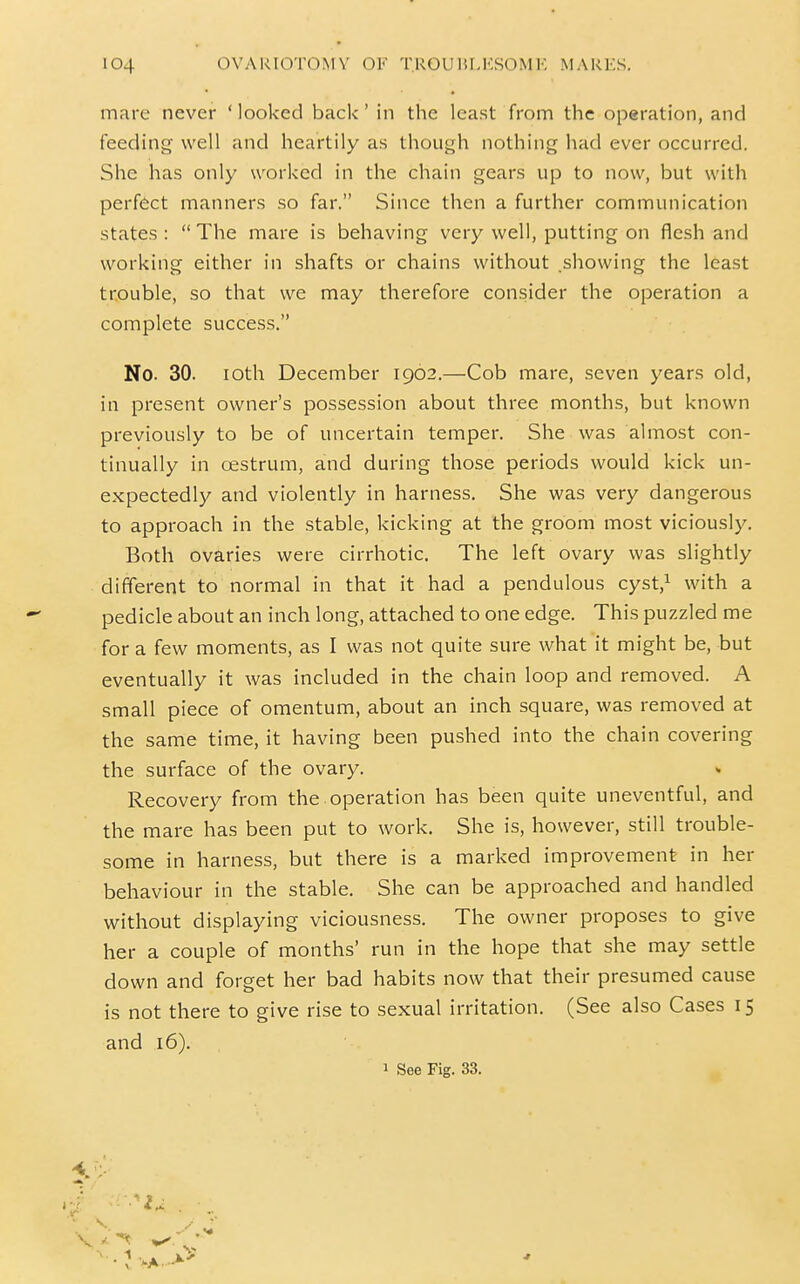 mare never 'looked back' in the least from the operation, and feeding well and heartily as though nothing had ever occurred. She has only worked in the chain gears up to now, but with perfect manners so far. Since then a further communication states :  The mare is behaving very well, putting on flesh and working either in shafts or chains without .showing the least trouble, so that we may therefore consider the operation a complete success. No. 30. loth December 1902.—Cob mare, seven years old, in present owner's possession about three months, but known previously to be of uncertain temper. She was almost con- tinually in oestrum, and during those periods would kick un- expectedly and violently in harness. She was very dangerous to approach in the stable, kicking at the groom most viciously. Both ovaries were cirrhotic. The left ovary was slightly different to normal in that it had a pendulous cyst,i with a pedicle about an inch long, attached to one edge. This puzzled me for a few moments, as I was not quite sure what it might be, but eventually it was included in the chain loop and removed. A small piece of omentum, about an inch square, was removed at the same time, it having been pushed into the chain covering the surface of the ovary. «. Recovery from the operation has been quite uneventful, and the mare has been put to work. She is, however, still trouble- some in harness, but there is a marked improvement in her behaviour in the stable. She can be approached and handled without displaying viciousness. The owner proposes to give her a couple of months' run in the hope that she may settle down and forget her bad habits now that their presumed cause is not there to give rise to sexual irritation. (See also Cases 15 and 16). 1 See Fig. 33.