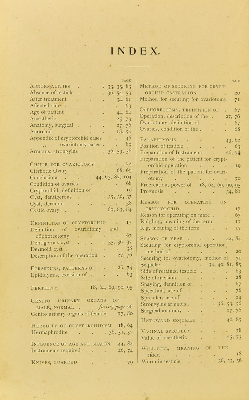 ABN0R1V{ALITIES Absence of testicle After treatment Affected side . Age of patient Antesthetic Anatomy, surgical Anorchid Appendix of cryptorchid cases ,, ovariotomy Armatus, strongylus Chute for ovariotomy Cirrhotic Ovary Conclusions . . .44: Condition of ovaries Cryptorchid, definition of Cyst, dentigerous . Cyst, dermoid Cystic ovary . 33, 35. 83 36. 54. 59 34. 81 • 63 44. 84 25. 73 27. 76 18, 54 . 46 . 89 36, S3. 56 • 72 68, 69 63. 87, 104 . 68 • 19 35. 36, 37 . . 38 69, 83, 84 Definition of cryptorchid . 17 Definition of ovariotomy and oophorectomy Dentigerous cyst . . . Dermoid cyst . Description of the operation ECRASEURS, PATTERNS OF Epididymis, excision of . . 67 35. 36, 37 • 38 27, 76 26, 74 • 63 Fertility 18, 64, 69, 90, 95 Genito urinary organs of MALE, NORMAL . . facing page 2b Genito urinary organs of female 77, 80 Heredity of cryptorchidism 18, 64 Hermaphrodite . . .36, 51, 52 Influence of age and season 44, 84 Instruments required . . 26, 74 Method of securino for crypt- orchid castration ... 20 Method for securing for ovariotomy 71 Oophorectomy, definition of . 67 Operation, description of the . 27, 76 Ovariotomy, definition of . . 67 Ovaries, condition of the ... 68 43. 62 63 74 Paraphimosis Position of testicle .... Preparation of Instruments . 26 Preparation of the patient for crypt- orchid operation . . .19 Preparation of the patient for ovari- otomy ... . . .70 Procreation, power of 18, 64, 69, 90, 95 Prognosis . . . . 34, 81 Reason for operating cryptorchid Reason for operating on mare . Ridgling, meaning of the term Rig, meaning of the term on 17 67 17 17 Knives, guarded 79 Season of year . Securing for cryptorchid method of . Securing for ovariotomy SequekB . Side of retained testicle Site of incision Spaying, definition of Speculum, use of Spreader, use of Strongylus armatus . Surgical anatomy Untoward sequel/E Vaginal speculum V^alue of anresthetic Will-gill, meaning of TERM . . . • Worm in testicle 44. 84 operation, 20 method of 71 34, 40, 81, 85 63 67 78 24 36. 53. 56 27, 76 40. 85 . -s 25. 73 Tin: . iS 36. 53. 56