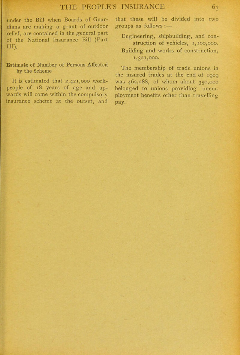 under the Bill when Boards of Guar- dians are making- a grant of outdoor relief, are contained in the general part of the National Insurance Bill (Part III). Estimate of Number of Persons Affected by the Scheme It is estimated that 2,421,000 work- people of 18 years of age and up- wards will come within the compulsory insurance scheme at the outset, and that these will be divided into two groups as follows :— Engineering, shipbuilding, and con- struction of vehicles, 1,100,000. Building and works of construction, 1,321,000. The membership of trade unions in the insured trades at the end of 1909 was 462,288, of whom about 350,000 belonged to unions providing unem- ployment benefits other than travelling pay.