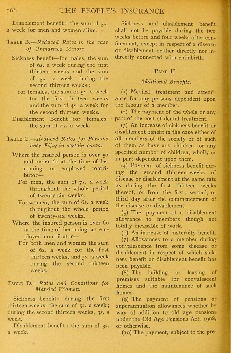 Disablement benefit: the sum of 55. a week for men and women alike. Table B.—Reduced Rates in the case of Unmarried Minors. Sickness benefit—for males, the sum of 6s. a week during the first thirteen weeks and the sum of 5s. a week during the second thirteen weeks; for females, the sum of 5s. a week for the first thirteen weeks and the sum of 4s. a week for the second thirteen weeks. Disablement Benefit—for females, the sum of 45. a week. Table C.—Reduced Rates for Persons over Fifty in certain cases. Where the insured person is over 50 and under 60 at the time of be- coming an employed contri- butor— For men, the sum of 7s. a week throughout the whole period of twenty-six weeks. For women, the sum of 6s. a week throughout the whole period of twenty-six weeks. Where the insured person is over 60 at the time of becoming an em- ployed contributor— For both men and women the sum of 6s. a week for the first thirteen weeks, and 5s. a week during the second thirteen weeks. Table D.—Rates and Conditions for Married Women. Sickness benefit: during the first thirteen weeks, the sum of 5s. a week; during the second thirteen weeks, 3s. a week. Disablement benefit: the sum of 3s. a week. Sickness and disablement benefit shall not be payable during the two weeks before and four weeks after con- finement, except in respect of a disease or disablement neither directly nor in- directly connected with childbirth. Part II. Additional Benefits. (1) Medical treatment and attend- ance for any persons dependent upon the labour of a member. (2) The payment of the whole or any part of the cost of dental treatment. (3) An increase of sickness benefit or disablement benefit in the case either of all members of the society or of such of them as have any children, or any specified number of children, wholly or in part dependent upon them. (4) Payment of sickness benefit dur- ing the second thirteen weeks of disease or disablement at the same rate as during the first thirteen weeks thereof, or from the first, second, or third day after the commencement of the disease or disablement. (5) The payment of a disablement allowance to members though not totally incapable of work. (6) An increase of maternity benefit. (7) Allowances to a member during convalescence from some disease or disablement in respect of which sick- ness benefit or disablement benefit has been payable. (8) The building or leasing of premises suitable for convalescent homes and the maintenance of such homes. (9) The payment of pensions or superannuation allowances whether by way of addition to old age pensions under the Old Age Pensions Act, 1908, or otherwise. (10) The payment, subject to the pre-