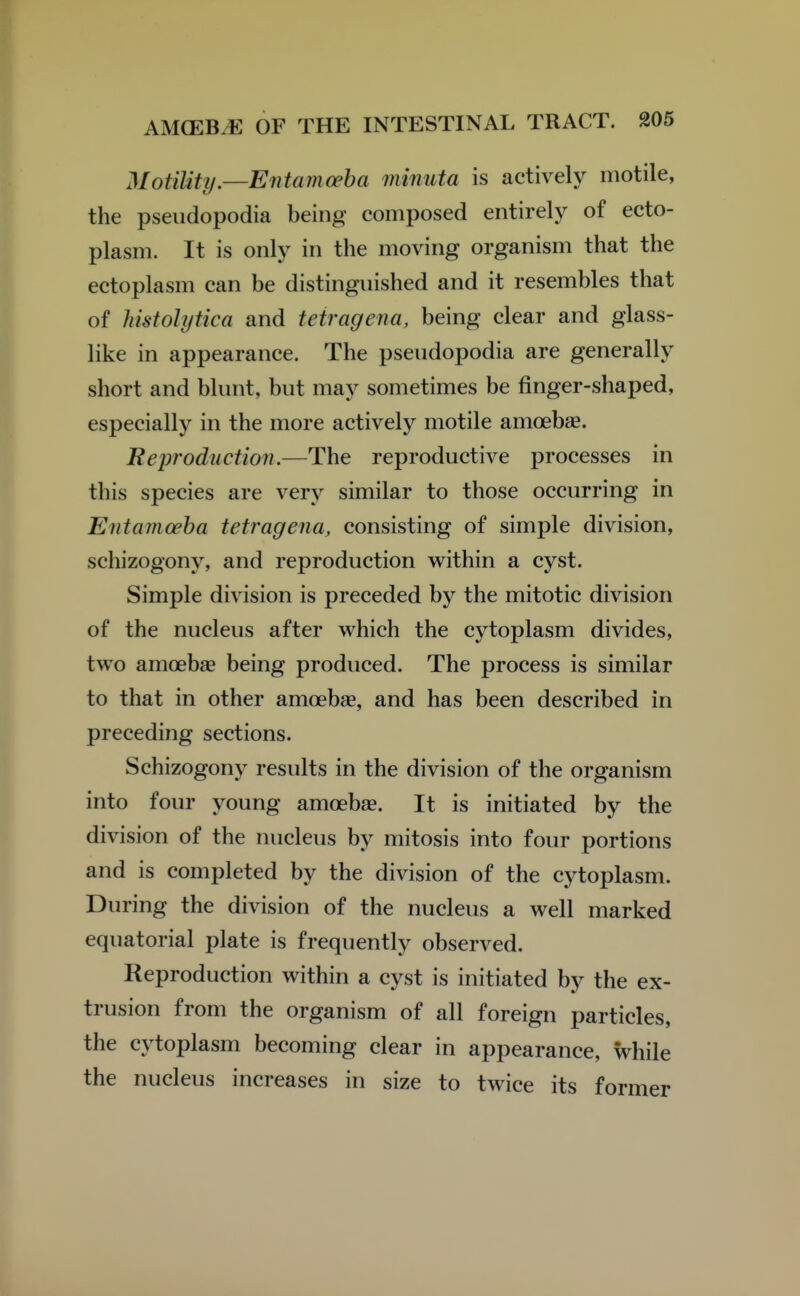 Motility—Entamoeha minuta is actively motile, the pseudopodia being composed entirely of ecto- plasm. It is only in the moving organism that the ectoplasm can be distinguished and it resembles that of histolytica and tetragena, being clear and glass- like in appearance. The pseudopodia are generally short and blunt, but may sometimes be finger-shaped, especially in the more actively motile amoebse. Reproduction.—The reproductive processes in this species are very similar to those occurring in Entamoeba tetragena, consisting of simple division, schizogony, and reproduction within a cyst. Simple division is preceded by the mitotic division of the nucleus after which the cytoplasm divides, two amcebse being produced. The process is similar to that in other amoebse, and has been described in preceding sections. Schizogony results in the division of the organism into four young amoebag. It is initiated by the division of the nucleus by mitosis into four portions and is completed by the division of the cj^toplasm. During the division of the nucleus a well marked equatorial plate is frequently observed. Reproduction within a cyst is initiated by the ex- trusion from the organism of all foreign particles, the cytoplasm becoming clear in appearance, while the nucleus increases in size to twice its former