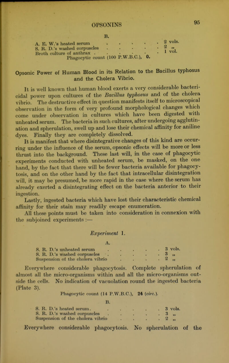 B. A. E, W.'s heated serum . . . • S. R. D.'s washed corpuscles .... Broth culture of anthrax . . . • • Phagocytic count (100 P.W.B.C.), 0. Opsonic Power of Human Blood in its Relation to the Bacillus typhosus and the Cholera Vibrio. It is well known that human blood exerts a very considerable bacteri- cidal power upon cultures of the Bacillus typhosus and of the cholera vibrio. Tlie destructive effect in question manifests itself to microscopical observation in the form of very profound morphological changes which come under observation in cultures which have been digested with unheated serum. The bacteria in such cultures, after undergoing agglutin- ation and spherulation, swell up and lose their chemical affinity for aniUne dyes. Finally they are completely dissolved. It is manifest that where disintegrative changes of this kind are occur- ring under the influence of the serum, opsonic effects wdll be more or less thrust into the background. These last will, in the case of phagocytic experiments conducted with unheated serum, be masked, on the one hand, by the fact that there will be fewer bacteria available for phagocy- tosis, and on the other hand by the fact that intracellular disintegration will, it may be presumed, be more rapid in the case where the serum has already exerted a disintegrating effect on the bacteria anterior to their ingestion. Lastly, ingested bacteria which have lost their characteristic chemical affinity for their stain may readily escape enumeration. All these points must be taken into consideration in connexion with the subjoined experiments :— Experiment 1. A. S. R. D.'s unheated serum 3 vols. S. R. D.'s washed corpuscles . . . . . 3 „ Su.spension of the diolera vibrio . . . . 2 Everywhere considerable phagocytosis. Complete spherulation of almost all the micro-organisms within and all the micro-organisms out- side the cells. No indication of vacuolation round the ingested bacteria (Plate 3). Phagocytic count (14 P.W.B.C.), 24 (ciVc). B. S. R. D.'s heated serum. . . . . .3 vols. S. R. D.'s washed corpuscles . . . . . 3 „ Suspension of the cholera vibrio . . . . 2 „ Everywhere considerable phagocytosis. No spherulation of the 2 vols. 2 „ 1 vol.