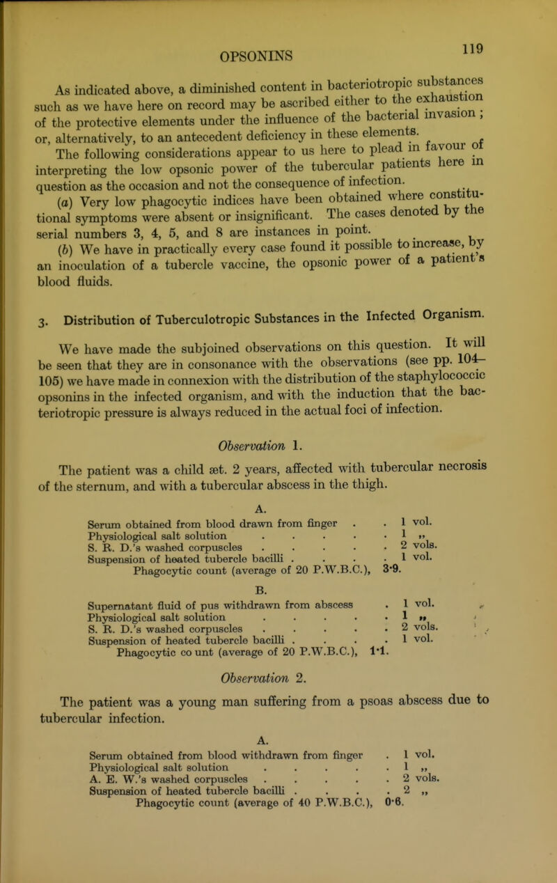 As indicated above, a diminished content in bacteriotropic substances such as we have here on record may be ascribed either to the exhaustion of the protective elements under the influence of the bacterial invasion, or, alternatively, to an antecedent deficiency in these elements. The foUowing considerations appear to us here to plead in tavour oi interpreting the low opsonic power of the tubercular patients here in question as the occasion and not the consequence of infection. (a) Very low phagocytic indices have been obtained where constitu- tional symptoms were absent or insignificant. The cases denoted by the serial numbers 3, 4, 5, and 8 are instances in point. (6) We have in practically every case found it possible tomcrease, by an inoculation of a tubercle vaccine, the opsonic power of a patient s blood fluids. 3. Distribution of Tuberculotropic Substances in the Infected Organism. We have made the subjoined observations on this question. It will be seen that they are in consonance with the observations (see pp. 104- 105) we have made in connexion ^vith the distribution of the staphylococcic opsonins in the infected organism, and with the induction that the bac- teriotropic pressure is always reduced in the actual foci of infection. Observation 1. The patient was a child set. 2 years, affected with tubercular necrosis of the sternum, and with a tubercular abscess in the thigh. A. Serum obtained from blood drawn from finger . . 1 vol. Physiological salt solution . . . • • 1 »» S. R. D.'s washed corpuscles . . . . '2 vols. Suspension of heated tubercle bacilli . . . -1 vol. Phagocytic count (average of 20 P.W.B.C.), 3-9. 1 vol. 1 M 2 vols. 1 vol. B. Supernatant fluid of pus withdrawn from abscess Physiological salt solution .... S. R. D.'s washed corpuscles .... Suspension of heated tubercle bacilli ... Phagocytic count (average of 20 P.W.B.C.), I'l Observation 2. The patient was a young man suffering from a psoas abscess due to tubercular infection. A. Serum obtained from blood withdrawn from finger . 1 vol. Physiological salt solution . . . . . 1 „ A. E. W.'s washed corpuscles . . . . .2 vols. Suspension of heated tubercle bacilli . . . . 2 „ Phagocytic count (average of 40 P.W.B.C.), 0*6.