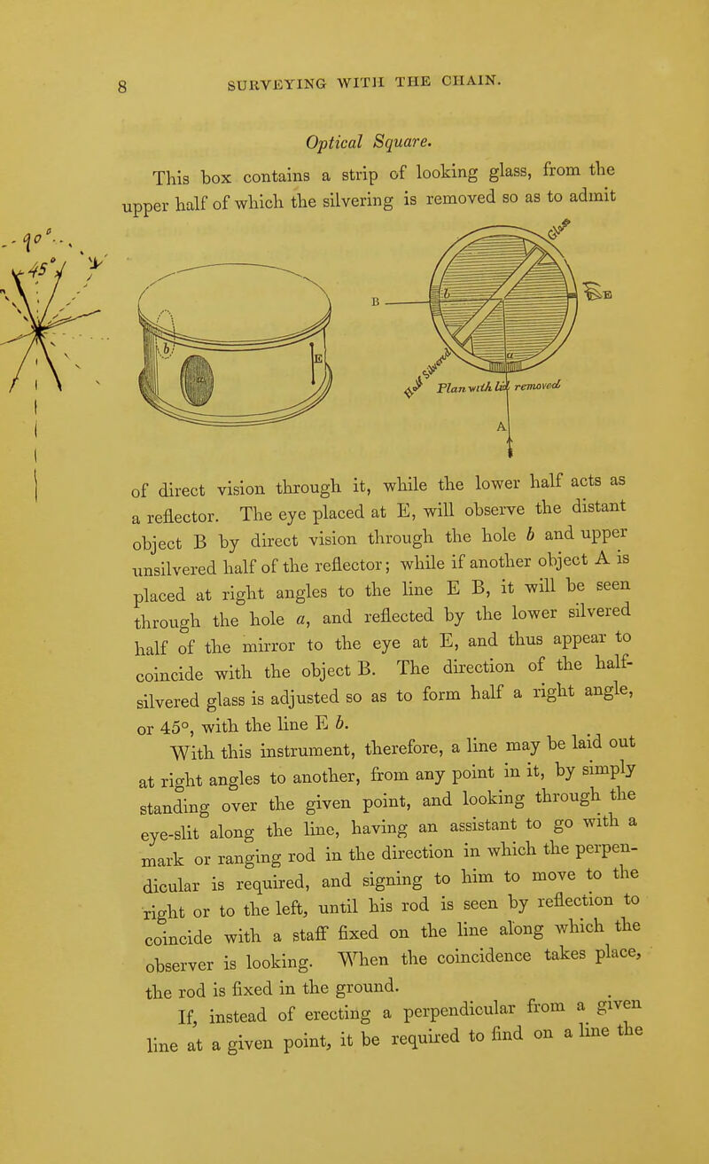 Optical Square. This box contains a strip of looking glass, from the upper half of which the silvering is removed so as to admit mc-— ^ TlanyttlkVo ■ remaved A of direct vision through it, while the lower half acts as a reflector. The eye placed at E, will observe the distant object B by direct vision through the hole b and upper unsilvered half of the reflector; while if another object A is placed at right angles to the line E B, it will be seen through the hole «, and reflected by the lower silvered half of the mirror to the eye at E, and thus appear to coincide with the object B. The direction of the half- silvered glass is adjusted so as to form half a right angle, or 45°, with the line E b. With this instrument, therefore, a line may be laid out at rlo-ht angles to another, from any point in it, by simply standing over the given point, and looking through the eye-slit along the Ime, having an assistant to go with a mark or ranging rod in the direction in which the perpen- dicular is required, and signing to him to move to the right or to the left, until his rod is seen by reflection to coincide with a stafi fixed on the line along which the observer is looking. When the coincidence takes place, the rod is fixed in the ground. If, instead of erecting a perpendicular from a given line at a given point, it be requir-ed to find on a hne the
