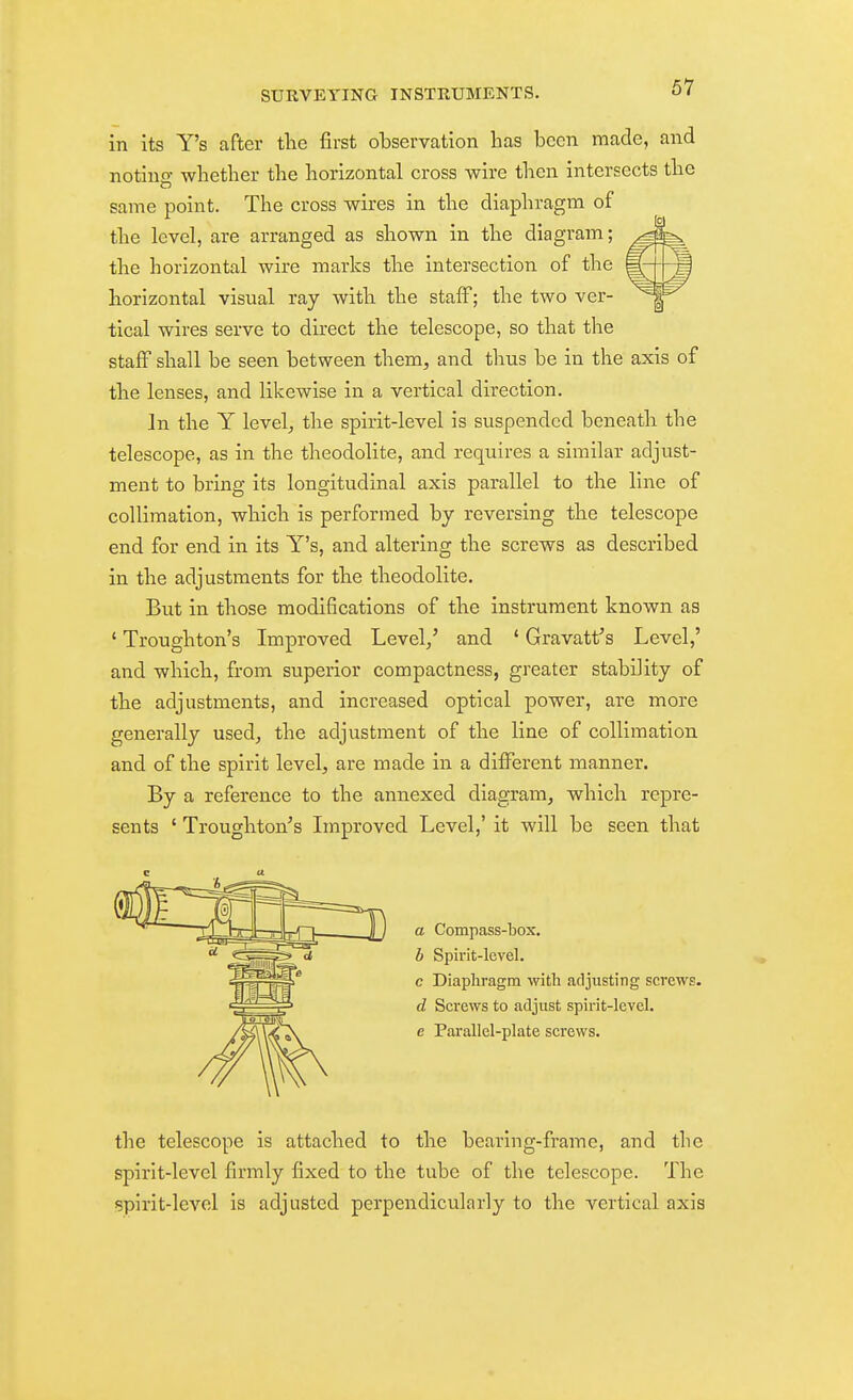 in its Y's after tlie first observation has been made, and notino- whether the horizontal cross wire then intersects the same point. The cross wires in the diaphragm of the level, are arranged as shown in the diagram; the horizontal wire marks the intersection of the horizontal visual ray with the staff; the two ver- tical wires serve to direct the telescope, so that the staff shall be seen between them, and thus be in the axis of the lenses, and likewise in a vertical direction. In the Y level, the spirit-level is suspended beneath the telescope, as in the theodolite, and requires a similar adjust- ment to bring its longitudinal axis parallel to the line of colliraation, which is performed by reversing the telescope end for end in its Y's, and altering the screws as described in the adjustments for the theodolite. But in those modifications of the instrument known as ' Troughton's Improved Level/ and ' Gravatt's Level,' and which, from superior compactness, greater stability of the adjustments, and increased optical power, are more generally used, the adjustment of the line of collimation and of the spirit level, are made in a different manner. By a reference to the annexed diagram, which repre- sents ' Troughton^s Lnproved Level,' it will be seen that a Compass-box. b Spirit-level, c Diaphragm with adjusting screws. d Screws to adjust spirit-level, e Parallel-plate screws. the telescope is attached to the bearing-frame, and the spirit-level firmly fixed to the tube of the telescope. The spirit-level is adjusted perpendicularly to the vertical axis