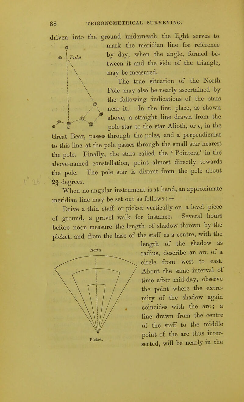 driven into the ground underneath the light serves to 9 -i. Pole .M mark the meridian line for reference by day, when the angle, formed be- tween it and the side of the triangle, may be measured. The true situation of the Xorth Pole may also be nearly ascertained by the following indications of the stars near it. In the first place, as shown above, a straight line drawn from the pole star to the star Alioth, or e, in the Great Bear, passes through the poles, and a perpendicular to this line at the pole passes through the small star nearest the pole. Finally, the stars called the ' Pointers,' in the above-named constellation, point almost directly towards the pole. The pole star is distant from the pole about degrees. When no angular instrument is at hand, an approximate meridian line may be set out as follows : — Drive a thin staff or picket vertically on a level piece of ground, a gravel walk for instance. Several hours before noon measure the length of shadow thrown by the picket, and from the base of the staff as a centre, with the length of the shadow as radius, describe an arc of a circle from west to east. About the same interval of time after mid-day, observe the point where the extre- mity of the shadow again coincides with the arc; a line drawn from the centre of the staff to the middle point of the arc thus inter- sected, will be nearly in the Kortti. Picket.