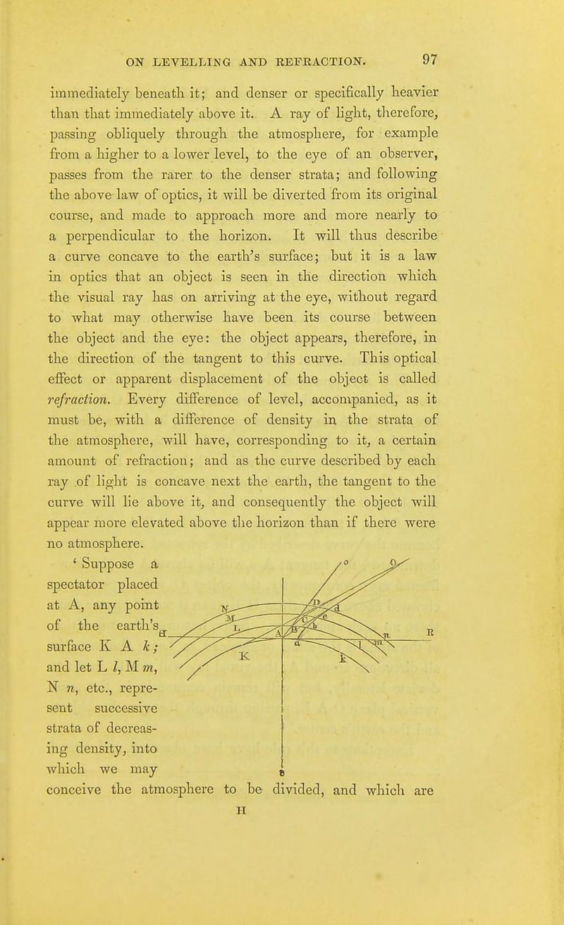 immediately beneath it; and denser or specifically heavier than that immediately above it.. A ray of light, therefore, passing obliquely through the atmosphere, for example from a higher to a lower level, to the eye of an observer, passes from the rarer to the denser strata; and following the above law of optics, it will be diverted from its original course, and made to approach more and more nearly to a perpendicular to the horizon. It will thus describe a curve concave to the earth's surface; but it is a law in optics that an object is seen in the direction which the visual ray has on arriving at the eye, without regard to what may otherwise have been its course between the object and the eye: the object appears, therefore, in the direction of the tangent to this curve. This optical effect or apparent displacement of the object is called refraction. Every difference of level, accompanied, as it must be, with a difference of density in the strata of the atmosphere, will have, corresponding to it, a certain amount of refraction; and as the cu.rve described by each ray of light is concave next the earth, the tangent to the curve will lie above it, and consequently the object will appear more elevated above the horizon than if there were no atmosphere. ' Suppose a /° <^ spectator placed at A, any point of the earth's I surface K A k; and let L /, M ?«, N n, etc., repre- sent successive strata of decreas- ing density, into which we may conceive the atmosphere to be divided, and which are H 4^ — R