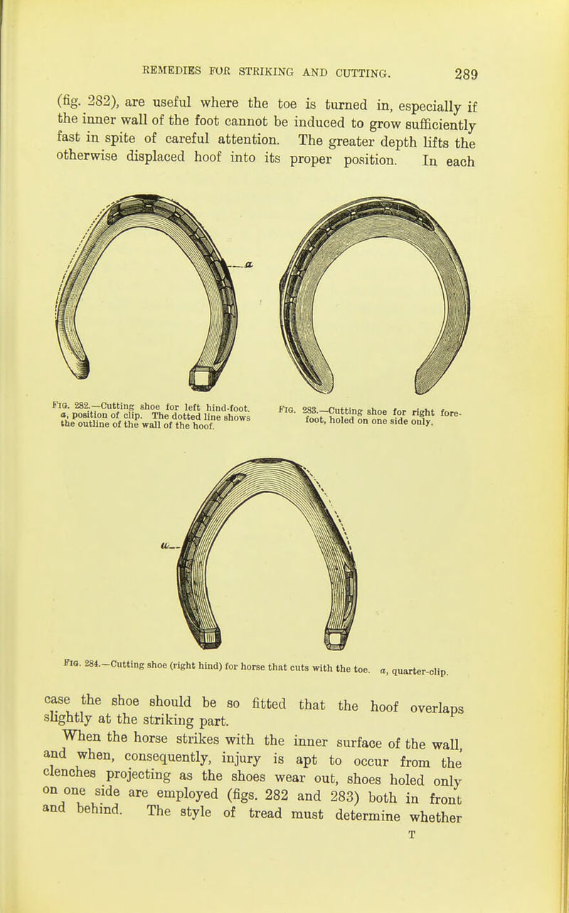 (fig. 282), are useful where the toe is turned in, especially if the inner wall of the foot cannot be induced to grow sufficiently fast in spite of careful attention. The greater depth lifts the otherwise displaced hoof into its proper position. In each case the shoe should be so fitted that the hoof overlaps slightly at the striking part. When the horse strikes with the inner surface of the wall and when, consequently, injury is apt to occur from the clenches projecting as the shoes wear out, shoes holed only on one side are employed (figs. 282 and 283) both in front and behind. The style of tread must determine whether