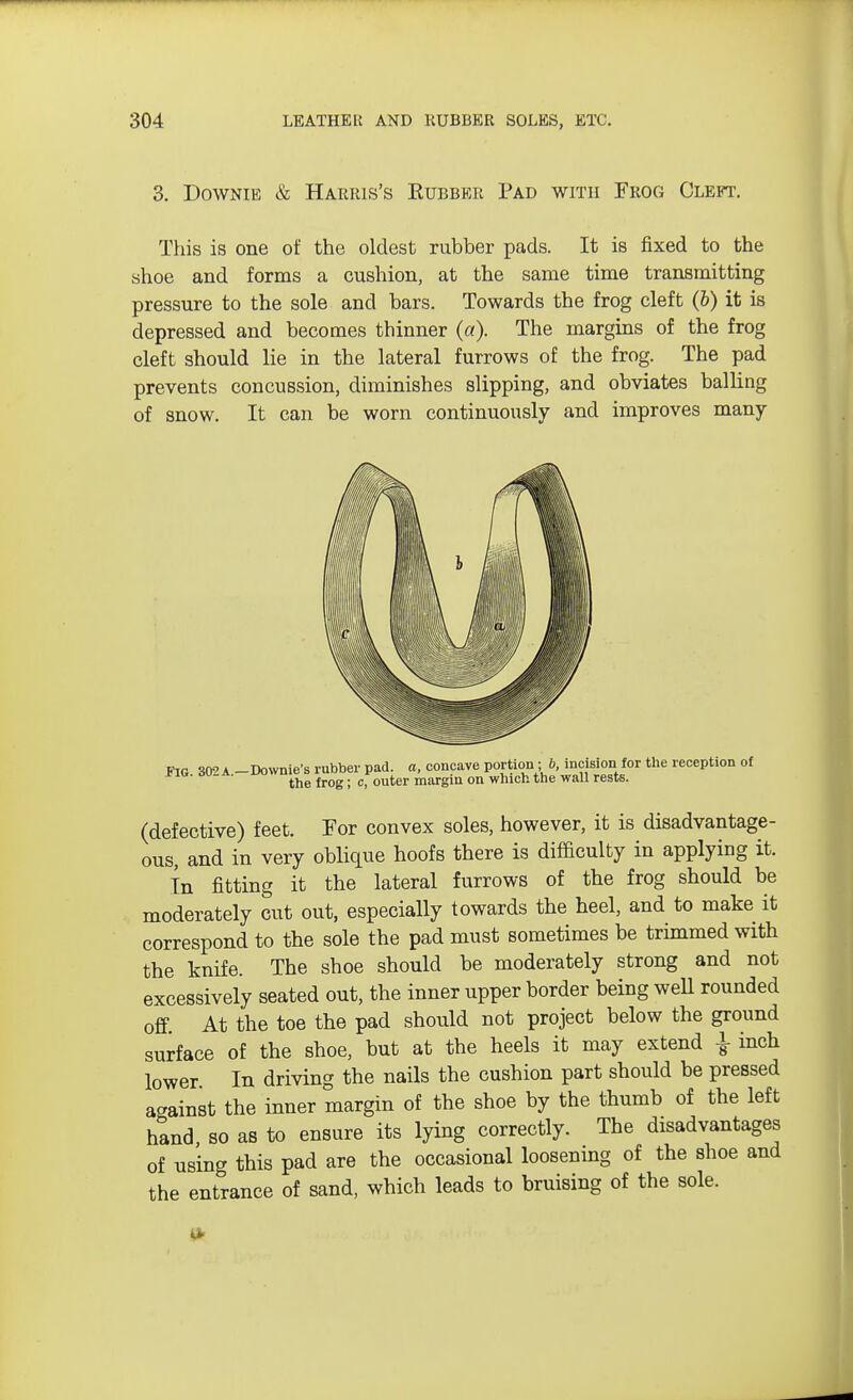 3. Downib & Harris's Eubber Pad with Frog Cleft. This is one of the oldest rubber pads. It is fixed to the shoe and forms a cushion, at the same time transmitting pressure to the sole and bars. Towards the frog cleft (&) it is depressed and becomes thinner (a). The margins of the frog cleft should lie in the lateral furrows of the frog. The pad prevents concussion, diminishes slipping, and obviates balling of snow. It can be worn continuously and improves many Fig 302 A -Downie-s rubber pad. a, concave portion ;b, incision for the reception of the frog; c, outer margin on which the wall rests. (defective) feet. For convex soles, however, it is disadvantage- ous, and in very oblique hoofs there is difficulty in applying it. In fitting it the lateral furrows of the frog should be moderately cut out, especially towards the heel, and to make it correspond to the sole the pad must sometimes be trimmed with the knife. The shoe should be moderately strong and not excessively seated out, the inner upper border being weU rounded off At the toe the pad should not project below the ground surface of the shoe, but at the heels it may extend £ inch lower In driving the nails the cushion part should be pressed against the inner margin of the shoe by the thumb of the left hand so as to ensure its lying correctly. The disadvantages of using this pad are the occasional loosening of the shoe and the entrance of sand, which leads to bruising of the sole.