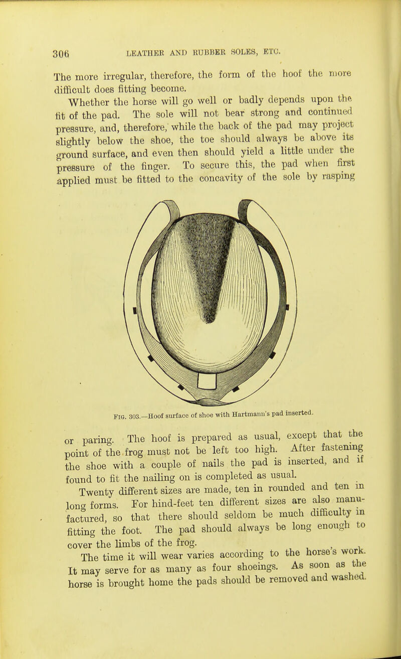 The more irregular, therefore, the form of the hoof the more difficult does fitting become. Whether the horse will go well or badly depends upon the tit of the pad. The sole will not bear strong and continued pressure, and, therefore, while the back of the pad may project slightly below the shoe, the toe should always be above its ground surface, and even then should yield a little under the pressure of the finger. To secure this, the pad when first applied must be fitted to the concavity of the sole by rasping FIG. 303.—Hoof surface of shoe with Hartmaim's pad inserted. or paring. The hoof is prepared as usual, except that the point of the frog must not be left too high. After fastening the shoe with a couple of nails the pad is inserted, and if found to fit the nailing on is completed as usual. Twenty different sizes are made, ten in rounded and ten m loner forms. Tor hind-feet ten different sizes are also manu- factured, so that there should seldom be much difficulty in fitting the foot. The pad should always be long enough to cover the limbs of the frog. > The time it will wear varies according to the horses work. It may serve for as many as four shoeings. As soon as the horse is brought home the pads should be removed and washed.