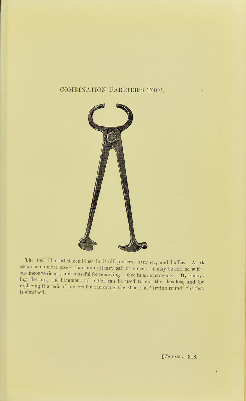 COMBINATION FARRIER'S TOOL. The tool illustrated combines in itself pincers, hammer, and buffer. As it occupies no more space than an ordinary pair of pincers, it may be carried with- out inconvenience, and is useful for removing a shoe in an emergency. By remov- ing the nut, the hammer and buffer can be used to cut the clenches, and by replacing it a pair of pincers for removing the shoe and ' trying round' the foot is obtained. [To face p. 318.