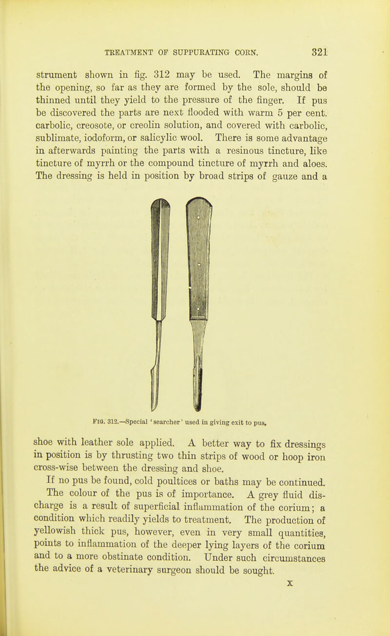 strument shown in fig. 312 may be used. The margins of the opening, so far as they are formed by the sole, should be thinned until they yield to the pressure of the finger. If pus be discovered the parts are next flooded with warm 5 per cent, carbolic, creosote, or creolin solution, and covered with carbolic, sublimate, iodoform, or salicylic wool. There is some advantage in afterwards painting the parts with a resinous tincture, like tincture of myrrh or the compound tincture of myrrh and aloes. The dressing is held in position by broad strips of gauze and a Fro. 312.—Special ' searcher' used in giving exit to pus, shoe with leather sole applied. A better way to fix dressings in position is by thrusting two thin strips of wood or hoop iron cross-wise between the dressing and shoe. If no pus be found, cold poultices or baths may be continued. The colour of the pus is of importance. A grey fluid dis- charge is a result of superficial inflammation of the corium; a condition which readily yields to treatment. The production of yellowish thick pus, however, even in very small quantities, points to inflammation of the deeper lying layers of the corium and to a more obstinate condition. Under such circumstances the advice of a veterinary surgeon should be sought. x