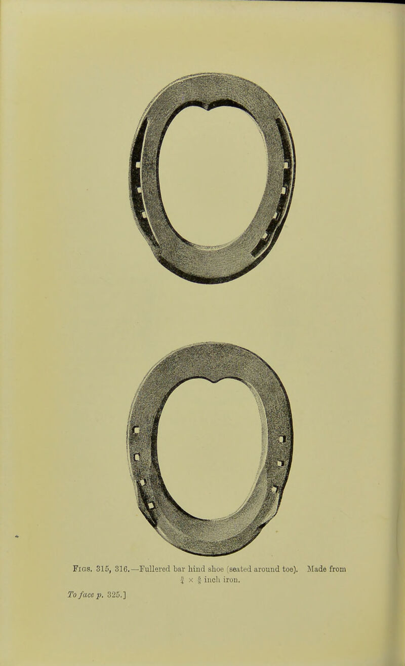 Figs. 315, 316.—Fullered bar hind shoe (seated around too). Made from I . | inch iron.