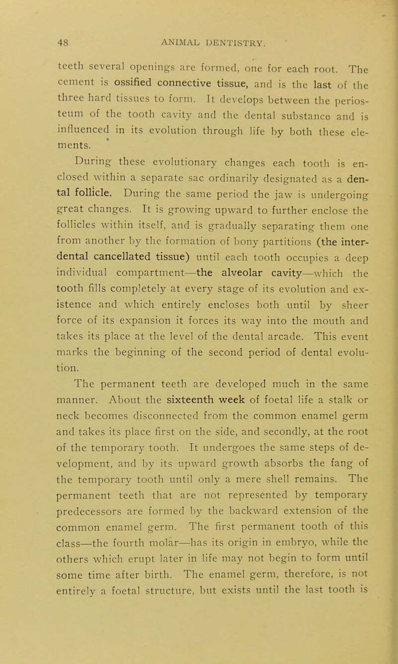 teeth severcal openings are formed, one for each root. The cement is ossified connective tissue, and is the last of the three hard tissues to form. It develops between the perios- teum of the tooth cavity and the dental substance and is influenced in its evolution through life by both these ele- ments. During these evolutionary changes each tooth is en- closed within a separate sac ordinarily designated as a den- tal follicle. During the same period the jaw is undergoing great changes. It is growing upward to further enclose the follicles within itself, and is gradually separating them one from another by the formation of bony partitions (the inter- dental cancellated tissue) until each tooth occupies a deep individual compartment—the alveolar cavity—which the tooth fills completely at every stage of its evolution and ex- istence and which entirely encloses both until by sheer force of its expansion it forces its way into the mouth and takes its place at the level of the dental arcade. This event marks the beginning of the second period of dental evolu- tion. The permanent teeth are developed much in the same manner. About the sixteenth week of foetal life a stalk or neck becomes disconnected from the common enamel germ and takes its place first on the side, and secondly, at the root of the temporary tooth. It undergoes the same steps of de- velopment, and by its upward growth absorbs the fang of the temporary tooth until only a mere shell remains. The permanent teeth that are not represented by temporary predecessors are formed by the backward extension of the common enamel germ. The first permanent tooth of this class—the fourth molar—has its origin in embryo, while the others which erupt later in life may not begin to form until some time after birth. The enamel germ, therefore, is not entirely a foetal structure, but exists until the last tooth is