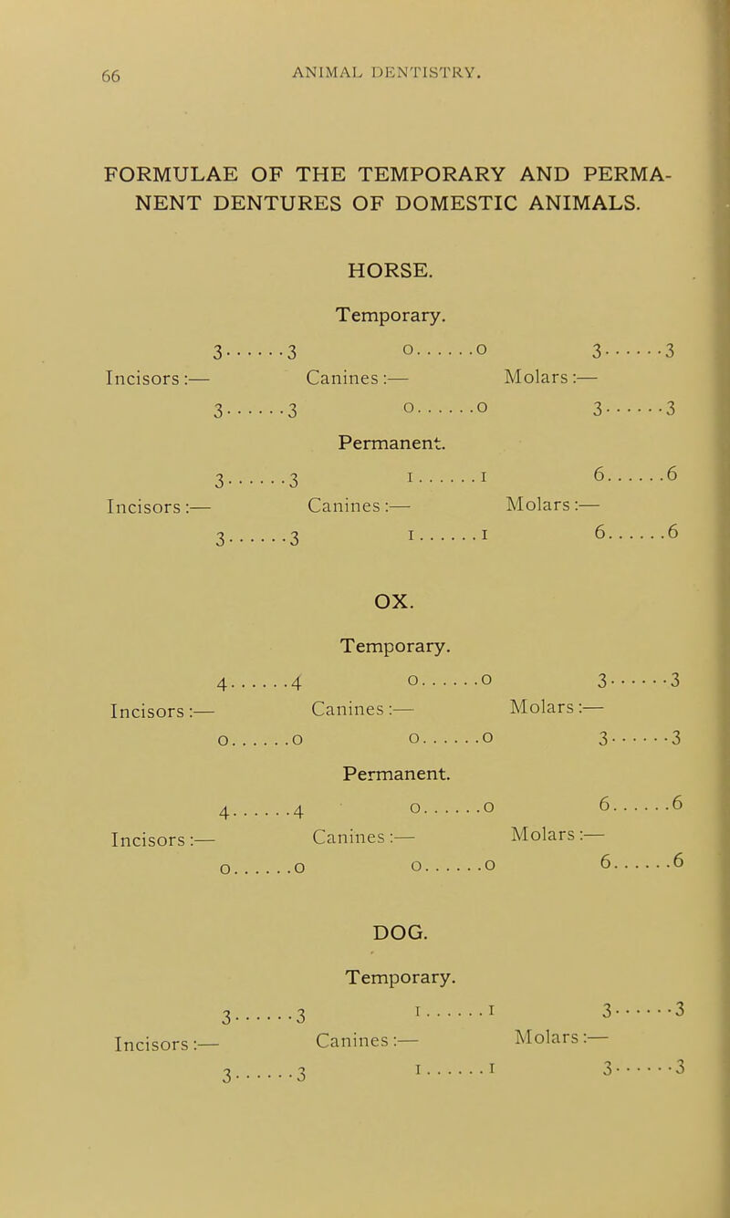 FORMULAE OF THE TEMPORARY AND PERMA- NENT DENTURES OF DOMESTIC ANIMALS. HORSE. Temporary. 3 3 o o 3 3 Incisors:— Canines:— Molars:— 3 3 o o 3 3 Permanent. 3 3 I I 6. Incisors:— Canines:— Molars:— 3 3 I I 6 ^ OX. Temporary. 4 4 o o 3 3 Incisors:— Canines:— Molars:— o o o o 3 3 Permanent. 4 4 o o 6 6 Incisors:— Canines:— Molars:— o o o o 6 6 DOG. Temporary. 3 3 'I 3 3 Incisors:— Canines:— Molars:— 3 3 I' 3 3