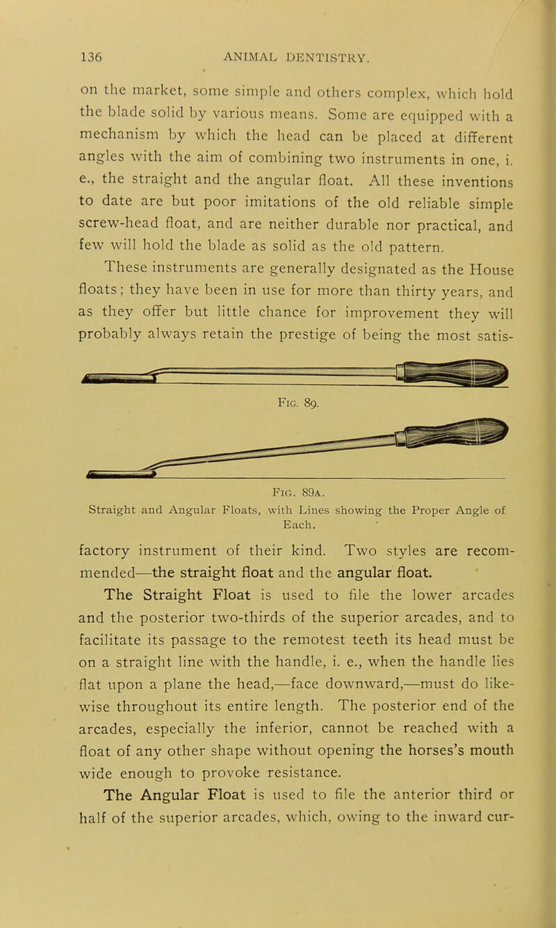 on the market, some simple and others complex, which hold the blade solid by various means. Some are equipped with a mechanism by which the head can be placed at different angles with the aim of combining two instruments in one, i. e., the straight and the angular float. All these inventions to date are but poor imitations of the old reliable simple screw-head float, and are neither durable nor practical, and few will hold the blade as solid as the old pattern. These instruments are generally designated as the House floats; they have been in use for more than thirty years, and as they offer but little chance for improvement they will probably always retain the prestige of being the most satis- FiG. 89a. Straight and Angular Floats, with Lines showing the Proper Angle of Each. factory instrument of their kind. Two styles are recom- mended—the straight float and the angular float. The Straight Float is used to file the lower arcades and the posterior two-thirds of the superior arcades, and to facilitate its passage to the remotest teeth its head must be on a straight line with the handle, i. e., when the handle lies flat upon a plane the head,—face downward,—must do like- wise throughout its entire length. The posterior end of the arcades, especially the inferior, cannot be reached with a float of any other shape without opening the horses's mouth wide enough to provoke resistance. The Angular Float is used to file the anterior third or half of the superior arcades, which, owing to the inward cur-