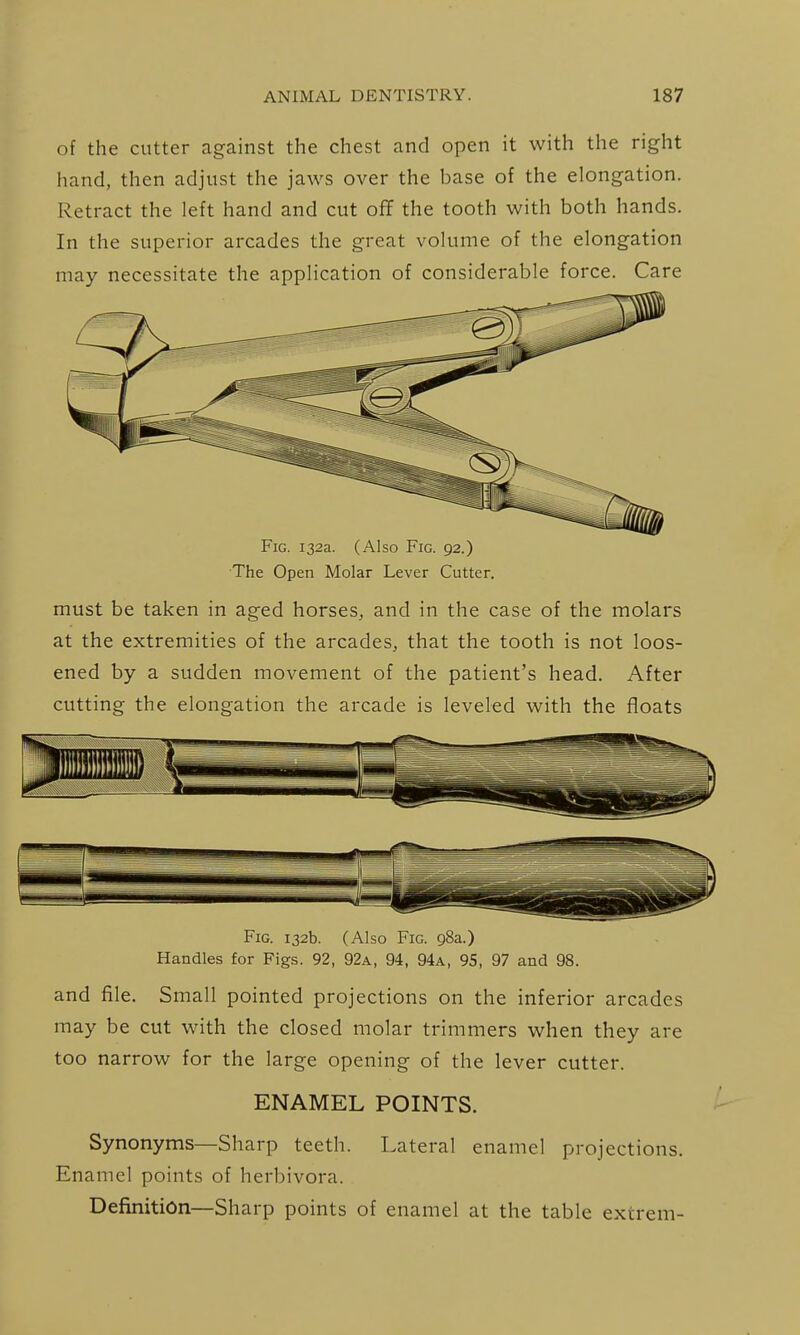 of the cutter against the chest and open it with the right hand, then adjust the jaws over the base of the elongation. Retract the left hand and cut off the tooth with both hands. In the superior arcades the great volume of the elongation may necessitate the application of considerable force. Care Fig. 132a. (Also Fig. 92.) The Open Molar Lever Cutter. must be taken in aged horses, and in the case of the molars at the extremities of the arcades, that the tooth is not loos- ened by a sudden movement of the patient's head. After cutting the elongation the arcade is leveled with the floats Fig. 132b. (Also Fig. 98a.) Handles for Figs. 92, 92a, 94, 94a, 95, 97 and 98. and file. Small pointed projections on the inferior arcades may be cut with the closed molar trimmers when they are too narrow for the large opening of the lever cutter. ENAMEL POINTS. Synonyms—Sharp teeth. Lateral enamel projections. Enamel points of herbivora. Definition—Sharp points of enamel at the table extrem-